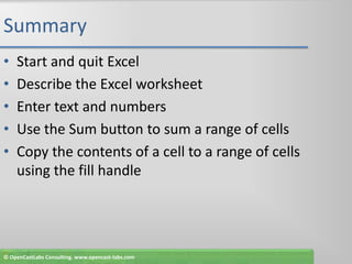 SummaryStart and quit ExcelDescribe the Excel worksheetEnter text and numbersUse the Sum button to sum a range of cellsCopy the contents of a cell to a range of cells using the fill handle© OpenCastLabs Consulting. www.opencast-labs.com