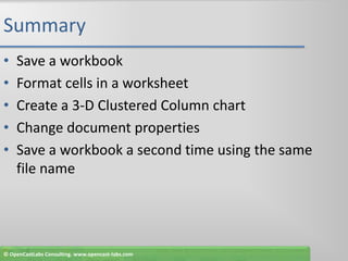 SummarySave a workbookFormat cells in a worksheetCreate a 3-D Clustered Column chartChange document propertiesSave a workbook a second time using the same file name© OpenCastLabs Consulting. www.opencast-labs.com
