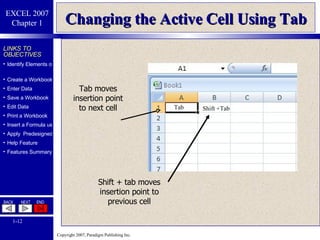 Changing the Active Cell Using Tab Tab moves insertion point to next cell Shift + tab moves insertion point to previous cell Shift +Tab Tab 