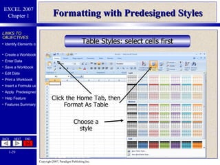 Formatting with Predesigned Styles Table Styles: select cells first Click the Home Tab, then Format As Table Choose a style 
