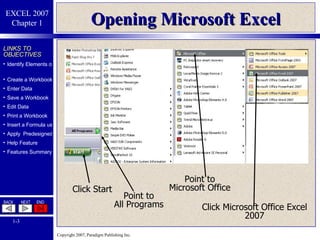 Opening Microsoft Excel Point to All Programs Point to Microsoft Office Click Microsoft Office Excel 2007 Click Start 