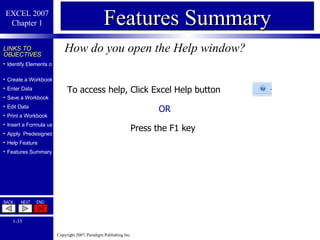 How do you open the Help window? Features Summary To access help, Click Excel Help button OR   Press the F1 key 