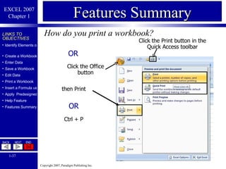 How do you print a workbook? Features Summary Click the Print button in the Quick Access toolbar OR Click the Office button then Print OR Ctrl + P 