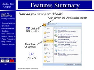 How do you save a workbook? Features Summary OR  Click the Office button Then Save Or Save as Click Save in the Quick Access toolbar OR Ctrl + S 