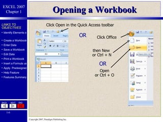 Opening a Workbook then New  or Ctrl + N Click Open in the Quick Access toolbar Click Office OR   Open  or Ctrl + O OR 