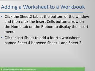 Adding a Worksheet to a WorkbookClick the Sheet2 tab at the bottom of the window and then click the Insert Cells button arrow on the Home tab on the Ribbon to display the Insert menuClick Insert Sheet to add a fourth worksheet named Sheet 4 between Sheet 1 and Sheet 2© OpenCastLabs Consulting. www.opencast-labs.com