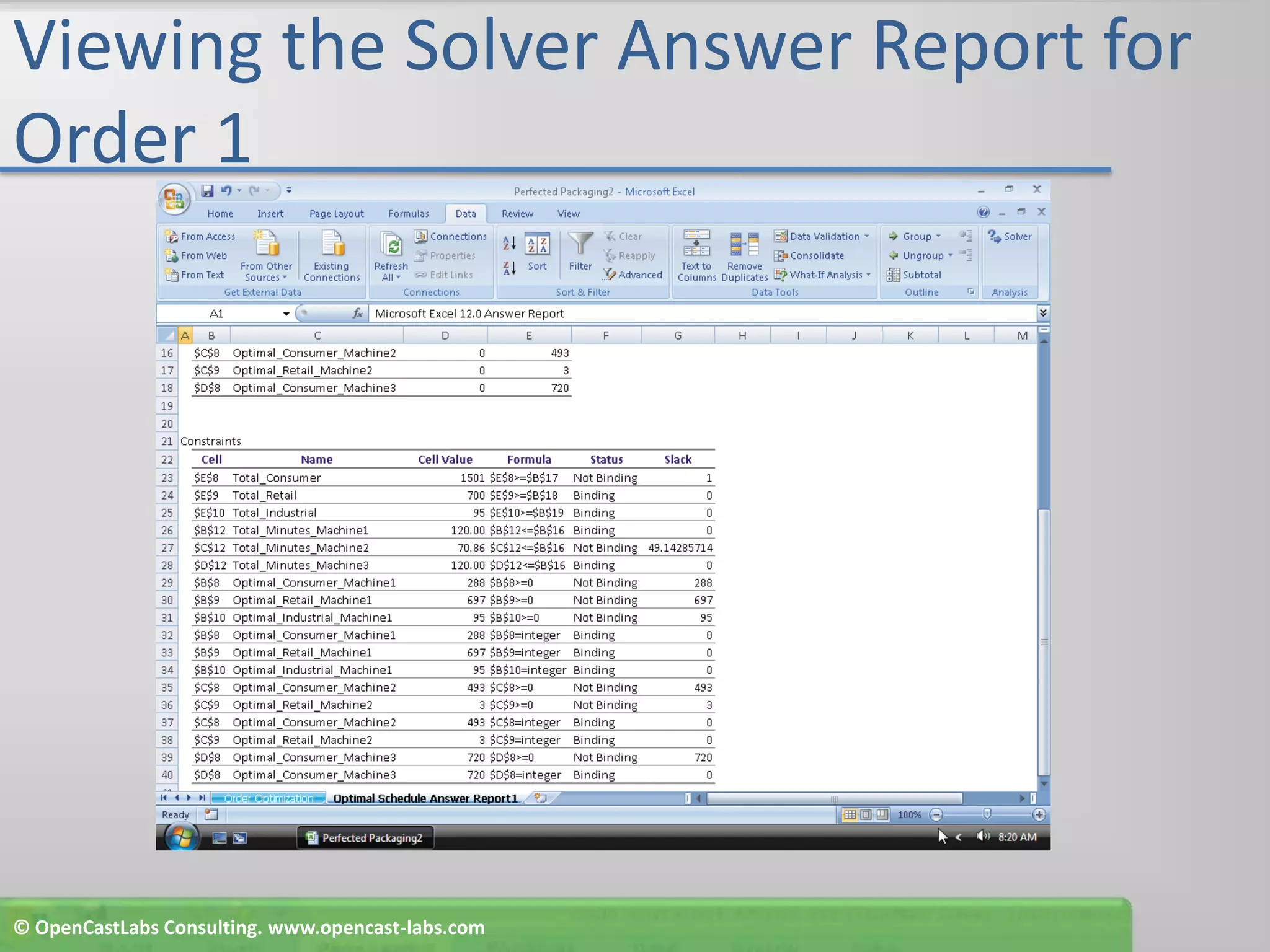 Viewing the Solver Answer Report for Order 1© OpenCastLabs Consulting. www.opencast-labs.com