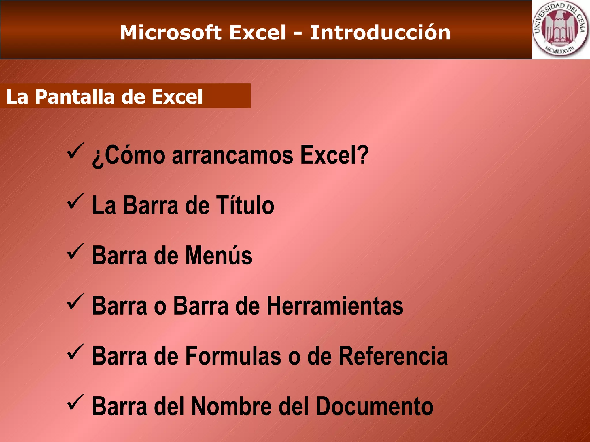 Microsoft Excel - Introducción La Pantalla de Excel ¿Cómo arrancamos Excel? La Barra de Título Barra de Menús Barra o Barra de Herramientas Barra de Formulas o de Referencia Barra del Nombre del Documento 