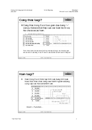 Chöông trình Giaûng daïy Kinh teá Fulbright                          Vi tính ÖÙng duïng                                         Baøi giaûng 2
2006-2007                                                                                               Microsoft excel: Coâng thöùc vaø haøm




                Coâng thöùc laø gì?
                        Coâng thöùc trong Excel bao goàm daáu baèng “=“
                        vaø sau ñoù laø söï keát hôïp cuûa caùc toaùn töû, trò soá,
                        ñòa chæ oâ vaø caùc haøm.




                        Tham chieáu: laø ñòa chæ cuûa moät oâ (cell) hay moät daõy oâ (range), ñòa chæ oâ bao goàm
                        teân coät vaø vò trí cuûa haøng. Ví duï: A1 laø vò trí cuûa oâ coù teân coät laø A vaø vò trí haøng laø 1


               August 2, 2006                                 FETP - Tran Thanh Thai                                                3




                Haøm laø gì?
                           Haøm trong Excel ñöôïc laäp trình saün duøng tính toaùn
                           hoaëc thöïc hieän chöùc naêng naøo ñoù khi ngöôøi söû duïng
                           cung caáp caùc ñoái soá ñaõ ñònh saün.




                                Insert > Function...

               August 2, 2006                                 FETP - Tran Thanh Thai                                                4




  Traàn Thanh Thaùi                                                                                                                      2
 