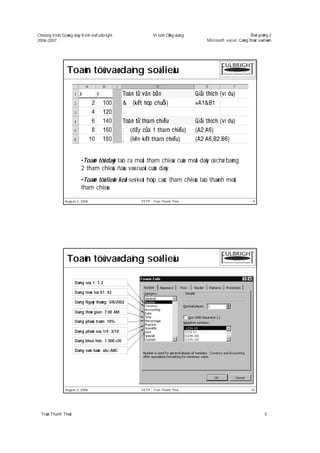 Chöông trình Giaûng daïy Kinh teá Fulbright                Vi tính ÖÙng duïng                            Baøi giaûng 2
2006-2007                                                                        Microsoft excel: Coâng thöùc vaø haøm




                Toaùn töû vaø daïng soá lieäu




                         •Toaùn töû daõy taïo ra moät tham chieáu cuûa moät daõy oâ chæ baèng
                         2 tham chieáu ñaàu vaø cuoái cuûa daõy.
                         •Toaùn töû lieân keát seõ keát hôïp caùc tham chieáu taïo thaønh moät
                         tham chieáu

               August 2, 2006                        FETP - Tran Thanh Thai                                9




                Toaùn töû vaø daïng soá lieäu

                      Daïng soá: 1; 1.2

                      Daïng tieàn teä: $1; ¥2

                      Daïng Ngaøy thaùng: 3/8/2002

                      Daïng thôøi gian: 7:00 AM

                      Daïng phaàn traêm: 10%

                      Daïng phaân soá: 1/4; 3/10

                      Daïng khoa hoïc: 1.00E+05

                      Daïng vaên baûn: abc-ABC




               August 2, 2006                        FETP - Tran Thanh Thai                               10




  Traàn Thanh Thaùi                                                                                               5
 
