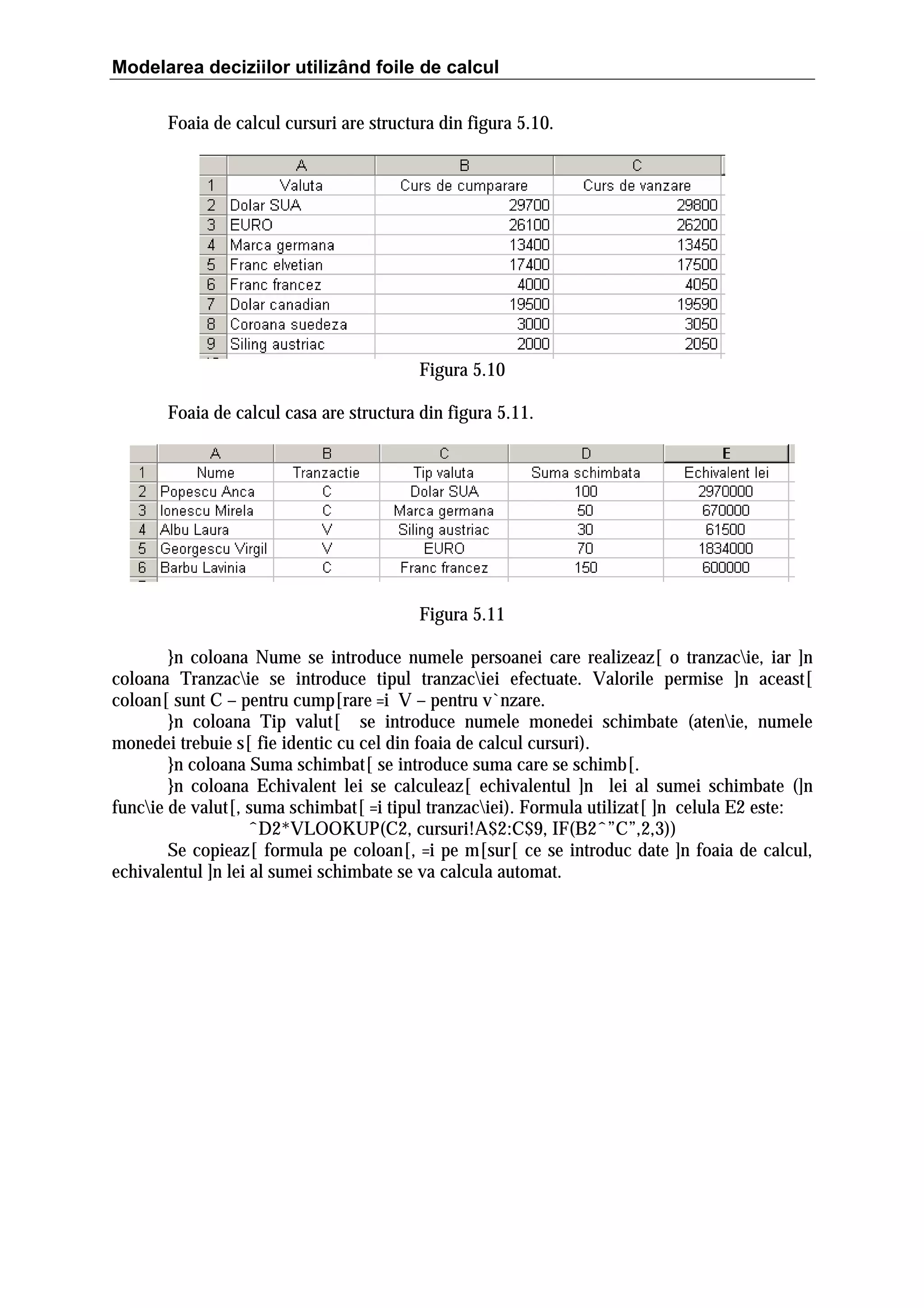 Modelarea deciziilor utilizând foile de calcul
Foaia de calcul cursuri are structura din figura 5.10.

Figura 5.10
Foaia de calcul casa are structura din figura 5.11.

Figura 5.11
}n coloana Nume se introduce numele persoanei care realizeaz[ o tranzacie, iar ]n
coloana Tranzacie se introduce tipul tranzaciei efectuate. Valorile permise ]n aceast[
coloan[ sunt C – pentru cump[rare =i V – pentru v`nzare.
}n coloana Tip valut[ se introduce numele monedei schimbate (atenie, numele
monedei trebuie s[ fie identic cu cel din foaia de calcul cursuri).
}n coloana Suma schimbat[ se introduce suma care se schimb[.
}n coloana Echivalent lei se calculeaz[ echivalentul ]n lei al sumei schimbate (]n
funcie de valut[, suma schimbat[ =i tipul tranzaciei). Formula utilizat[ ]n celula E2 este:
ˆD2*VLOOKUP(C2, cursuri!A$2:C$9, IF(B2ˆ”C”,2,3))
Se copieaz[ formula pe coloan[, =i pe m[sur[ ce se introduc date ]n foaia de calcul,
echivalentul ]n lei al sumei schimbate se va calcula automat.

 