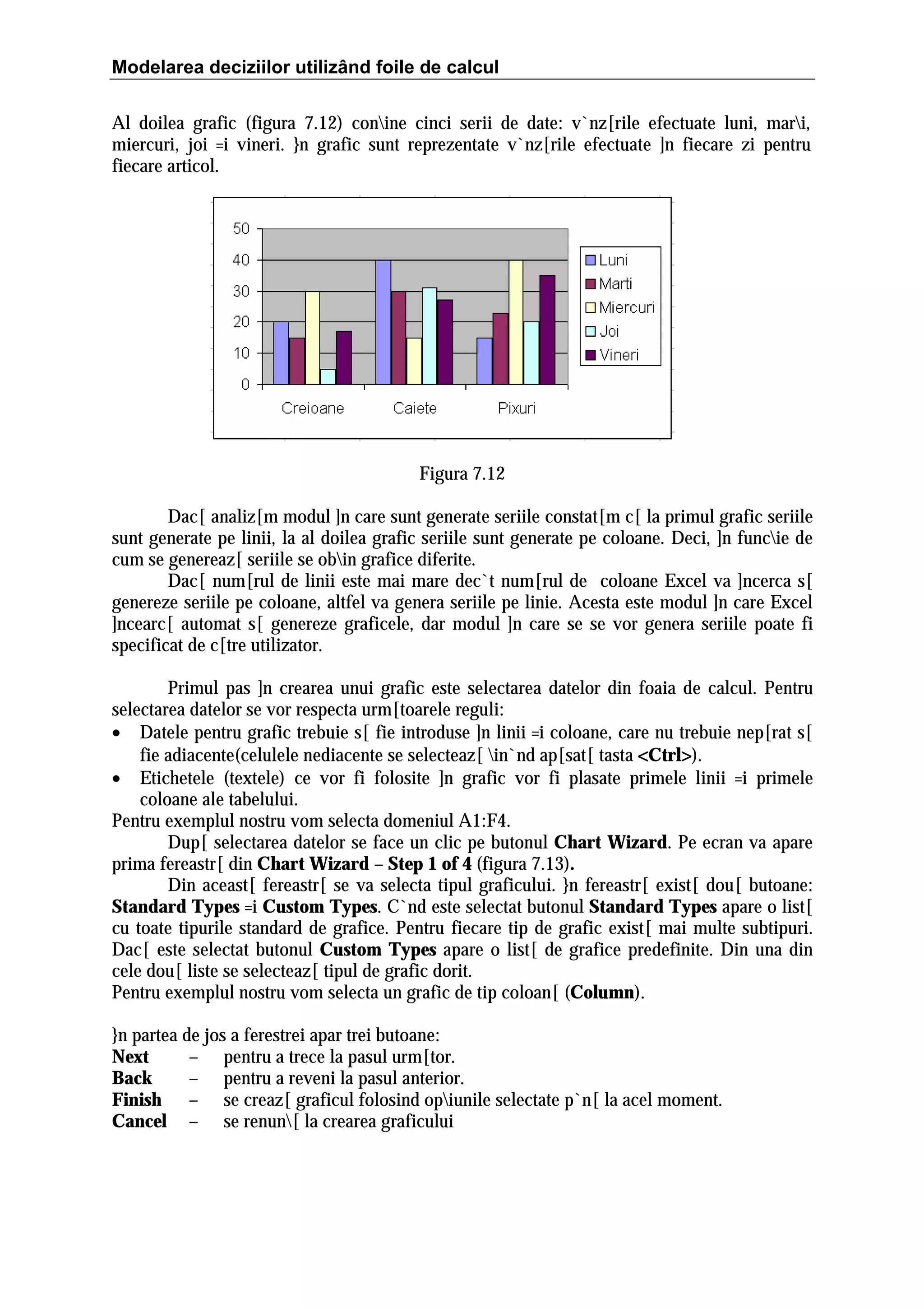 Modelarea deciziilor utilizând foile de calcul
Al doilea grafic (figura 7.12) conine cinci serii de date: v`nz[rile efectuate luni, mari,
miercuri, joi =i vineri. }n grafic sunt reprezentate v`nz[rile efectuate ]n fiecare zi pentru
fiecare articol.

Figura 7.12
Dac[ analiz[m modul ]n care sunt generate seriile constat[m c[ la primul grafic seriile
sunt generate pe linii, la al doilea grafic seriile sunt generate pe coloane. Deci, ]n funcie de
cum se genereaz[ seriile se obin grafice diferite.
Dac[ num[rul de linii este mai mare dec`t num[rul de coloane Excel va ]ncerca s[
genereze seriile pe coloane, altfel va genera seriile pe linie. Acesta este modul ]n care Excel
]ncearc[ automat s[ genereze graficele, dar modul ]n care se se vor genera seriile poate fi
specificat de c[tre utilizator.
Primul pas ]n crearea unui grafic este selectarea datelor din foaia de calcul. Pentru
selectarea datelor se vor respecta urm[toarele reguli:
• Datele pentru grafic trebuie s[ fie introduse ]n linii =i coloane, care nu trebuie nep[rat s[
fie adiacente(celulele nediacente se selecteaz[ in`nd ap[sat[ tasta <Ctrl>).
>
• Etichetele (textele) ce vor fi folosite ]n grafic vor fi plasate primele linii =i primele
coloane ale tabelului.
Pentru exemplul nostru vom selecta domeniul A1:F4.
Dup[ selectarea datelor se face un clic pe butonul Chart Wizard. Pe ecran va apare
prima fereastr[ din Chart Wizard – Step 1 of 4 (figura 7.13).
Din aceast[ fereastr[ se va selecta tipul graficului. }n fereastr[ exist[ dou[ butoane:
Standard Types =i Custom Types. C`nd este selectat butonul Standard Types apare o list[
cu toate tipurile standard de grafice. Pentru fiecare tip de grafic exist[ mai multe subtipuri.
Dac[ este selectat butonul Custom Types apare o list[ de grafice predefinite. Din una din
cele dou[ liste se selecteaz[ tipul de grafic dorit.
Pentru exemplul nostru vom selecta un grafic de tip coloan[ (Column).
}n partea de jos a ferestrei apar trei butoane:
Next
– pentru a trece la pasul urm[tor.
Back
– pentru a reveni la pasul anterior.
Finish – se creaz[ graficul folosind opiunile selectate p`n[ la acel moment.
Cancel – se renun[ la crearea graficului

 