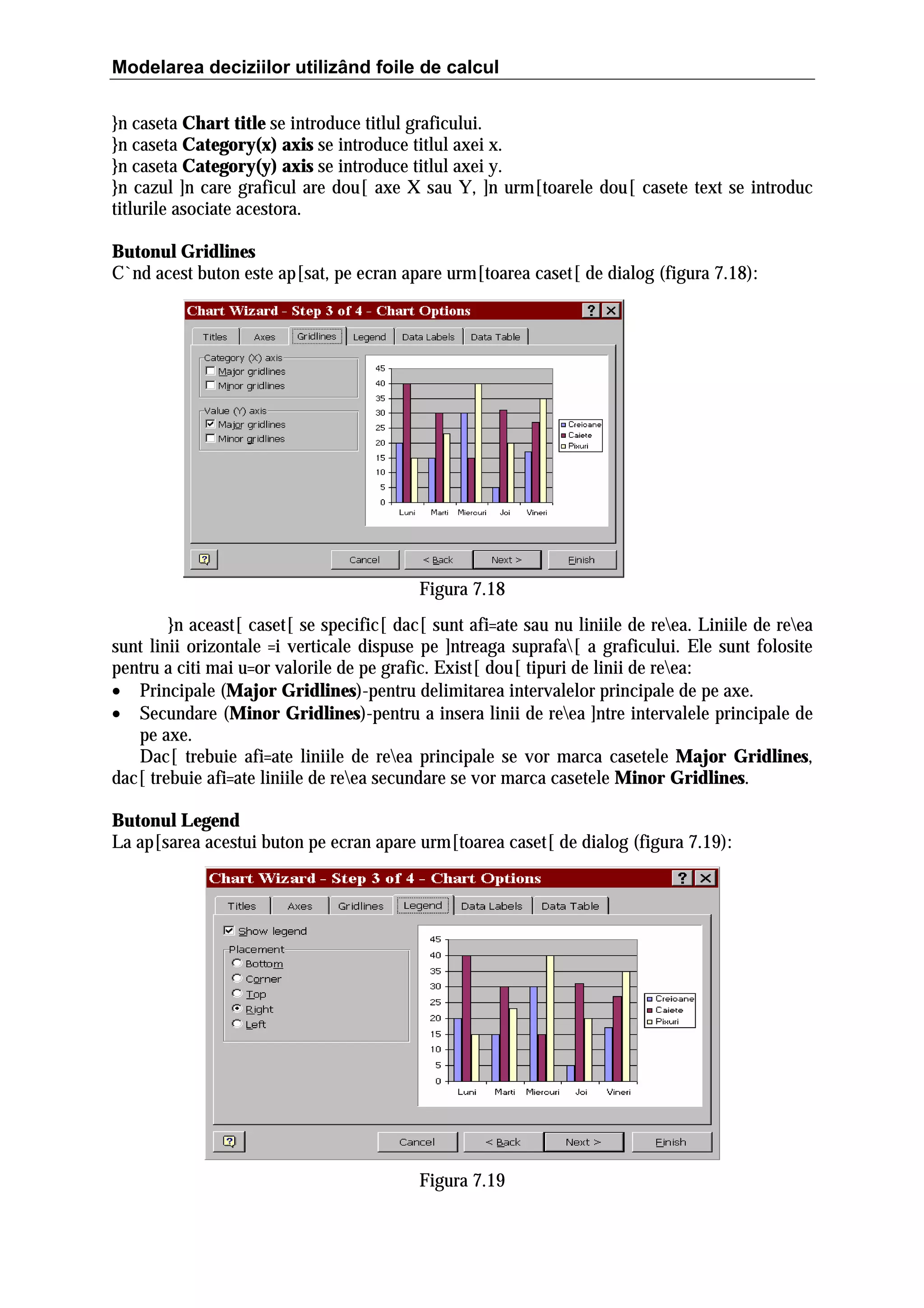 Modelarea deciziilor utilizând foile de calcul
}n caseta Chart title se introduce titlul graficului.
}n caseta Category(x) axis se introduce titlul axei x.
}n caseta Category(y) axis se introduce titlul axei y.
}n cazul ]n care graficul are dou[ axe X sau Y, ]n urm[toarele dou[ casete text se introduc
titlurile asociate acestora.
Butonul Gridlines
C`nd acest buton este ap[sat, pe ecran apare urm[toarea caset[ de dialog (figura 7.18):

Figura 7.18
}n aceast[ caset[ se specific[ dac[ sunt afi=ate sau nu liniile de reea. Liniile de reea
sunt linii orizontale =i verticale dispuse pe ]ntreaga suprafa[ a graficului. Ele sunt folosite
pentru a citi mai u=or valorile de pe grafic. Exist[ dou[ tipuri de linii de reea:
• Principale (Major Gridlines)-pentru delimitarea intervalelor principale de pe axe.
• Secundare (Minor Gridlines)-pentru a insera linii de reea ]ntre intervalele principale de
pe axe.
Dac[ trebuie afi=ate liniile de reea principale se vor marca casetele Major Gridlines,
dac[ trebuie afi=ate liniile de reea secundare se vor marca casetele Minor Gridlines.
Butonul Legend
La ap[sarea acestui buton pe ecran apare urm[toarea caset[ de dialog (figura 7.19):

Figura 7.19

 