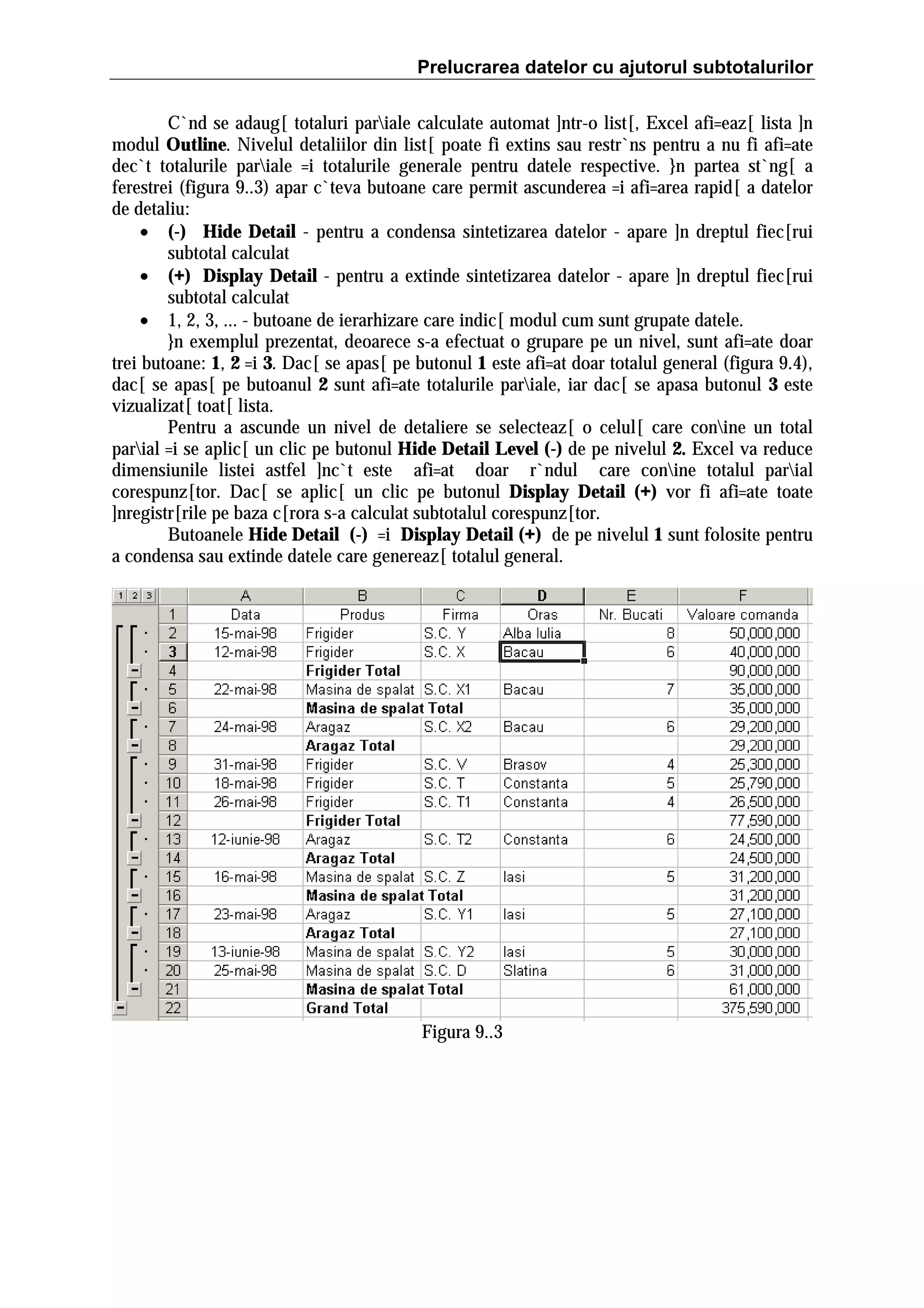 Prelucrarea datelor cu ajutorul subtotalurilor
C`nd se adaug[ totaluri pariale calculate automat ]ntr-o list[, Excel afi=eaz[ lista ]n
modul Outline. Nivelul detaliilor din list[ poate fi extins sau restr`ns pentru a nu fi afi=ate
dec`t totalurile pariale =i totalurile generale pentru datele respective. }n partea st`ng[ a
ferestrei (figura 9..3) apar c`teva butoane care permit ascunderea =i afi=area rapid[ a datelor
de detaliu:
• (-) Hide Detail - pentru a condensa sintetizarea datelor - apare ]n dreptul fiec[rui
subtotal calculat
• (+) Display Detail - pentru a extinde sintetizarea datelor - apare ]n dreptul fiec[rui
subtotal calculat
• 1, 2, 3, ... - butoane de ierarhizare care indic[ modul cum sunt grupate datele.
}n exemplul prezentat, deoarece s-a efectuat o grupare pe un nivel, sunt afi=ate doar
trei butoane: 1, 2 =i 3. Dac[ se apas[ pe butonul 1 este afi=at doar totalul general (figura 9.4),
dac[ se apas[ pe butoanul 2 sunt afi=ate totalurile pariale, iar dac[ se apasa butonul 3 este
vizualizat[ toat[ lista.
Pentru a ascunde un nivel de detaliere se selecteaz[ o celul[ care conine un total
parial =i se aplic[ un clic pe butonul Hide Detail Level (-) de pe nivelul 2. Excel va reduce
dimensiunile listei astfel ]nc`t este afi=at doar r`ndul care conine totalul parial
corespunz[tor. Dac[ se aplic[ un clic pe butonul Display Detail (+) vor fi afi=ate toate
]nregistr[rile pe baza c[rora s-a calculat subtotalul corespunz[tor.
Butoanele Hide Detail (-) =i Display Detail (+) de pe nivelul 1 sunt folosite pentru
a condensa sau extinde datele care genereaz[ totalul general.

Figura 9..3

 