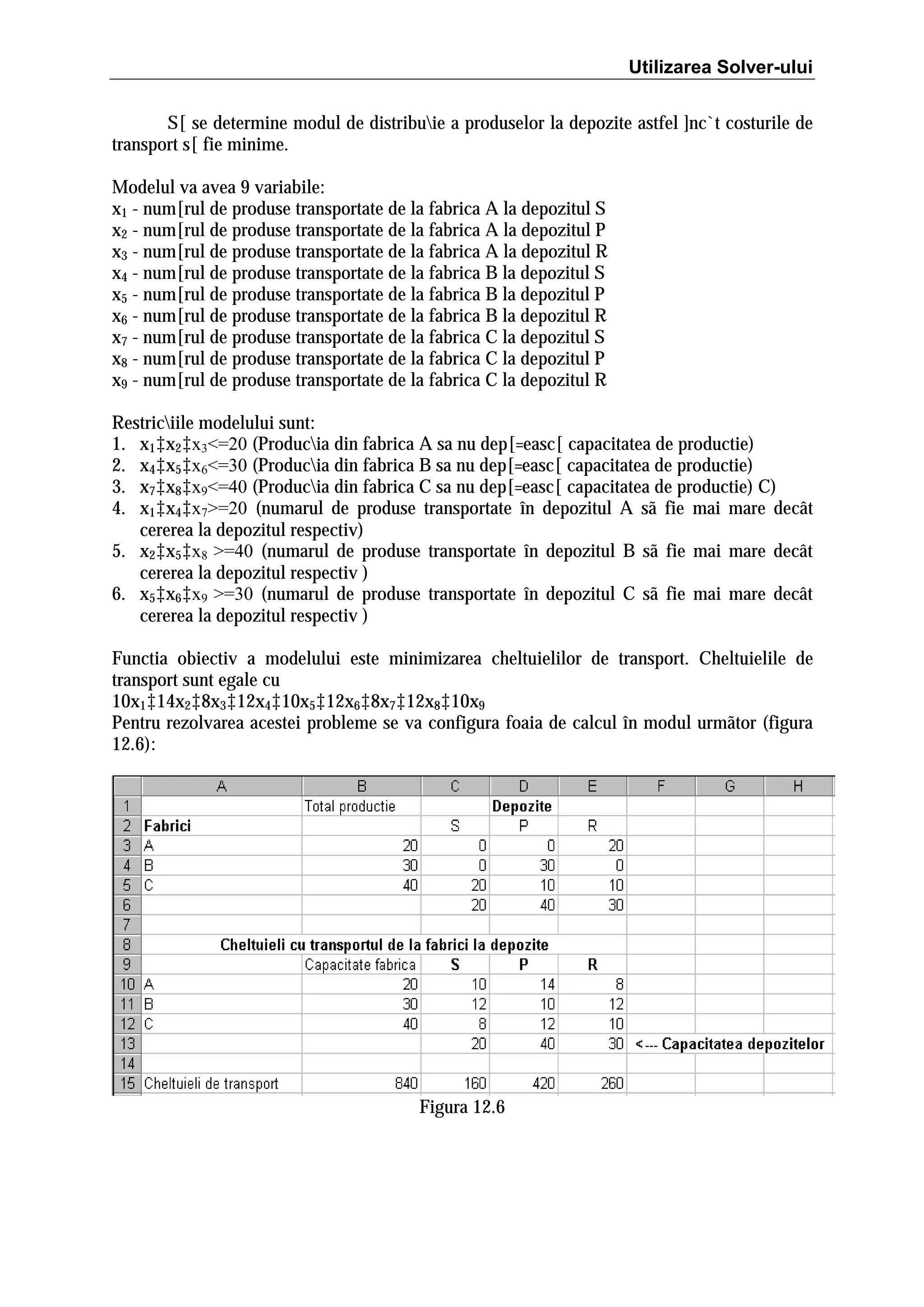 Utilizarea Solver-ului
S[ se determine modul de distribuie a produselor la depozite astfel ]nc`t costurile de
transport s[ fie minime.
Modelul va avea 9 variabile:
x1 - num[rul de produse transportate de la fabrica A la depozitul S
x2 - num[rul de produse transportate de la fabrica A la depozitul P
x3 - num[rul de produse transportate de la fabrica A la depozitul R
x4 - num[rul de produse transportate de la fabrica B la depozitul S
x5 - num[rul de produse transportate de la fabrica B la depozitul P
x6 - num[rul de produse transportate de la fabrica B la depozitul R
x7 - num[rul de produse transportate de la fabrica C la depozitul S
x8 - num[rul de produse transportate de la fabrica C la depozitul P
x9 - num[rul de produse transportate de la fabrica C la depozitul R
Restriciile modelului sunt:
1. x1‡x2‡x3<=20 (Producia din fabrica A sa nu dep[=easc[ capacitatea de productie)
2. x4‡x5‡x6<=30 (Producia din fabrica B sa nu dep[=easc[ capacitatea de productie)
3. x7‡x8‡x9<=40 (Producia din fabrica C sa nu dep[=easc[ capacitatea de productie) C)
4. x1‡x4‡x7>=20 (numarul de produse transportate în depozitul A sã fie mai mare decât
cererea la depozitul respectiv)
5. x2‡x5‡x8 >=40 (numarul de produse transportate în depozitul B sã fie mai mare decât
cererea la depozitul respectiv )
6. x5‡x6‡x9 >=30 (numarul de produse transportate în depozitul C sã fie mai mare decât
cererea la depozitul respectiv )
Functia obiectiv a modelului este minimizarea cheltuielilor de transport. Cheltuielile de
transport sunt egale cu
10x1‡14x2‡8x3‡12x4‡10x5‡12x6‡8x7‡12x8‡10x9
Pentru rezolvarea acestei probleme se va configura foaia de calcul în modul urmãtor (figura
12.6):

Figura 12.6

 