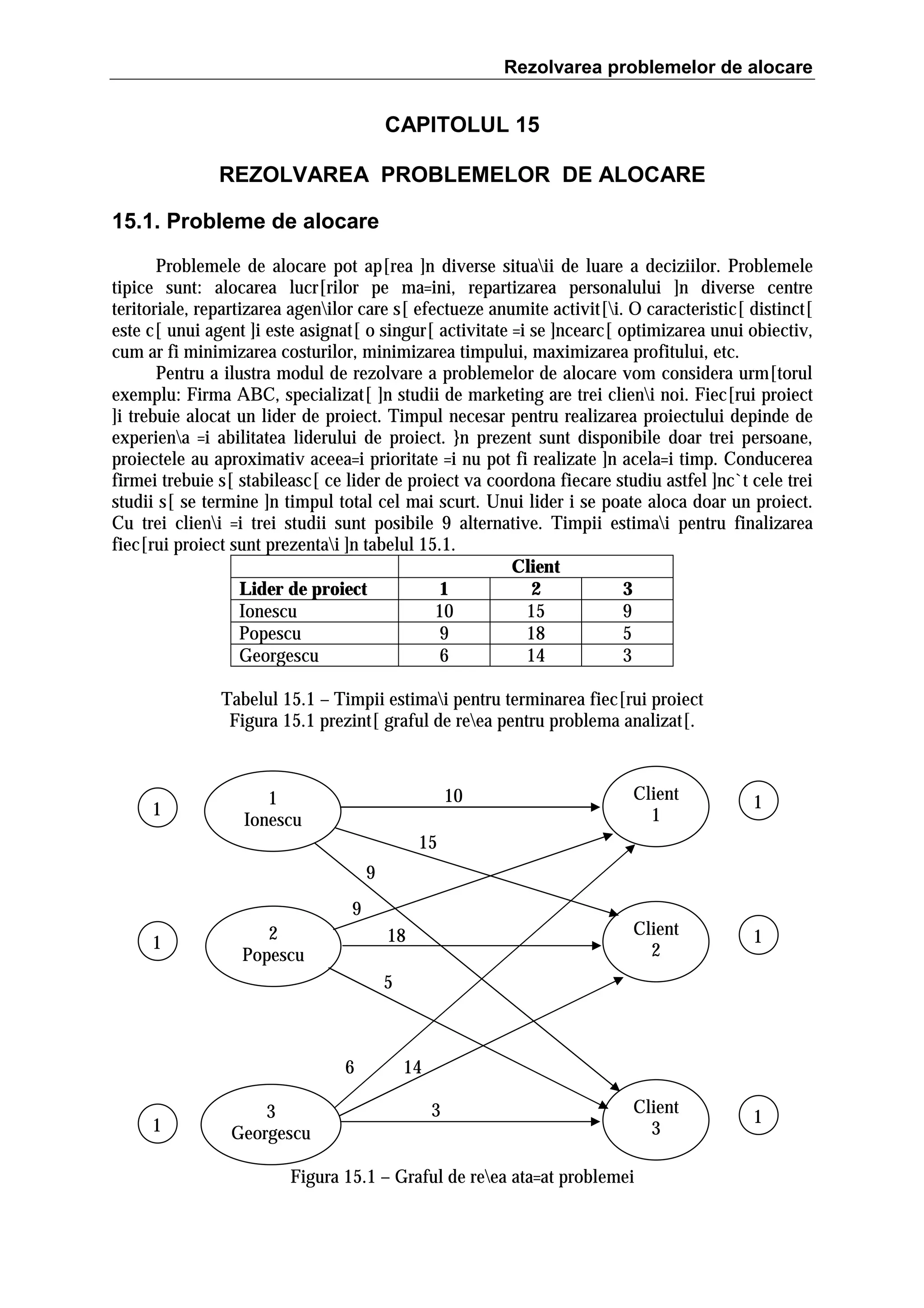 Rezolvarea problemelor de alocare

CAPITOLUL 15
REZOLVAREA PROBLEMELOR DE ALOCARE
15.1. Probleme de alocare
Problemele de alocare pot ap[rea ]n diverse situaii de luare a deciziilor. Problemele
tipice sunt: alocarea lucr[rilor pe ma=ini, repartizarea personalului ]n diverse centre
teritoriale, repartizarea agenilor care s[ efectueze anumite activit[i. O caracteristic[ distinct[
este c[ unui agent ]i este asignat[ o singur[ activitate =i se ]ncearc[ optimizarea unui obiectiv,
cum ar fi minimizarea costurilor, minimizarea timpului, maximizarea profitului, etc.
Pentru a ilustra modul de rezolvare a problemelor de alocare vom considera urm[torul
exemplu: Firma ABC, specializat[ ]n studii de marketing are trei clieni noi. Fiec[rui proiect
]i trebuie alocat un lider de proiect. Timpul necesar pentru realizarea proiectului depinde de
experiena =i abilitatea liderului de proiect. }n prezent sunt disponibile doar trei persoane,
proiectele au aproximativ aceea=i prioritate =i nu pot fi realizate ]n acela=i timp. Conducerea
firmei trebuie s[ stabileasc[ ce lider de proiect va coordona fiecare studiu astfel ]nc`t cele trei
studii s[ se termine ]n timpul total cel mai scurt. Unui lider i se poate aloca doar un proiect.
Cu trei clieni =i trei studii sunt posibile 9 alternative. Timpii estimai pentru finalizarea
fiec[rui proiect sunt prezentai ]n tabelul 15.1.
Client
Lider de proiect
1
2
3
Ionescu
10
15
9
Popescu
9
18
5
Georgescu
6
14
3
Tabelul 15.1 – Timpii estimai pentru terminarea fiec[rui proiect
Figura 15.1 prezint[ graful de reea pentru problema analizat[.

1

Client
1

1

Client
2

10

1
Ionescu

1

Client
3

1

15
9
9
1

2
Popescu

18
5

6
1

3
Georgescu

14
3

Figura 15.1 – Graful de reea ata=at problemei

 