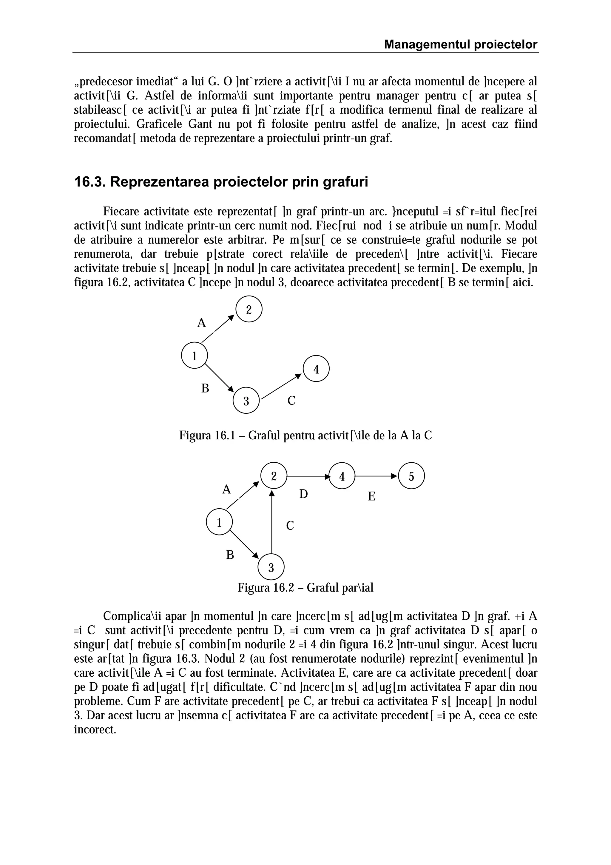 Managementul proiectelor
„predecesor imediat“ a lui G. O ]nt`rziere a activit[ii I nu ar afecta momentul de ]ncepere al
activit[ii G. Astfel de informaii sunt importante pentru manager pentru c[ ar putea s[
stabileasc[ ce activit[i ar putea fi ]nt`rziate f[r[ a modifica termenul final de realizare al
proiectului. Graficele Gant nu pot fi folosite pentru astfel de analize, ]n acest caz fiind
recomandat[ metoda de reprezentare a proiectului printr-un graf.

16.3. Reprezentarea proiectelor prin grafuri
Fiecare activitate este reprezentat[ ]n graf printr-un arc. }nceputul =i sf`r=itul fiec[rei
activit[i sunt indicate printr-un cerc numit nod. Fiec[rui nod i se atribuie un num[r. Modul
de atribuire a numerelor este arbitrar. Pe m[sur[ ce se construie=te graful nodurile se pot
renumerota, dar trebuie p[strate corect relaiile de preceden[ ]ntre activit[i. Fiecare
activitate trebuie s[ ]nceap[ ]n nodul ]n care activitatea precedent[ se termin[. De exemplu, ]n
figura 16.2, activitatea C ]ncepe ]n nodul 3, deoarece activitatea precedent[ B se termin[ aici.
2

A
1

4
B

C

3

Figura 16.1 – Graful pentru activit[ile de la A la C

A

2

4
D

1

5
E

C
B

3
Figura 16.2 – Graful parial

Complicaii apar ]n momentul ]n care ]ncerc[m s[ ad[ug[m activitatea D ]n graf. +i A
=i C sunt activit[i precedente pentru D, =i cum vrem ca ]n graf activitatea D s[ apar[ o
singur[ dat[ trebuie s[ combin[m nodurile 2 =i 4 din figura 16.2 ]ntr-unul singur. Acest lucru
este ar[tat ]n figura 16.3. Nodul 2 (au fost renumerotate nodurile) reprezint[ evenimentul ]n
care activit[ile A =i C au fost terminate. Activitatea E, care are ca activitate precedent[ doar
pe D poate fi ad[ugat[ f[r[ dificultate. C`nd ]ncerc[m s[ ad[ug[m activitatea F apar din nou
probleme. Cum F are activitate precedent[ pe C, ar trebui ca activitatea F s[ ]nceap[ ]n nodul
3. Dar acest lucru ar ]nsemna c[ activitatea F are ca activitate precedent[ =i pe A, ceea ce este
incorect.

 