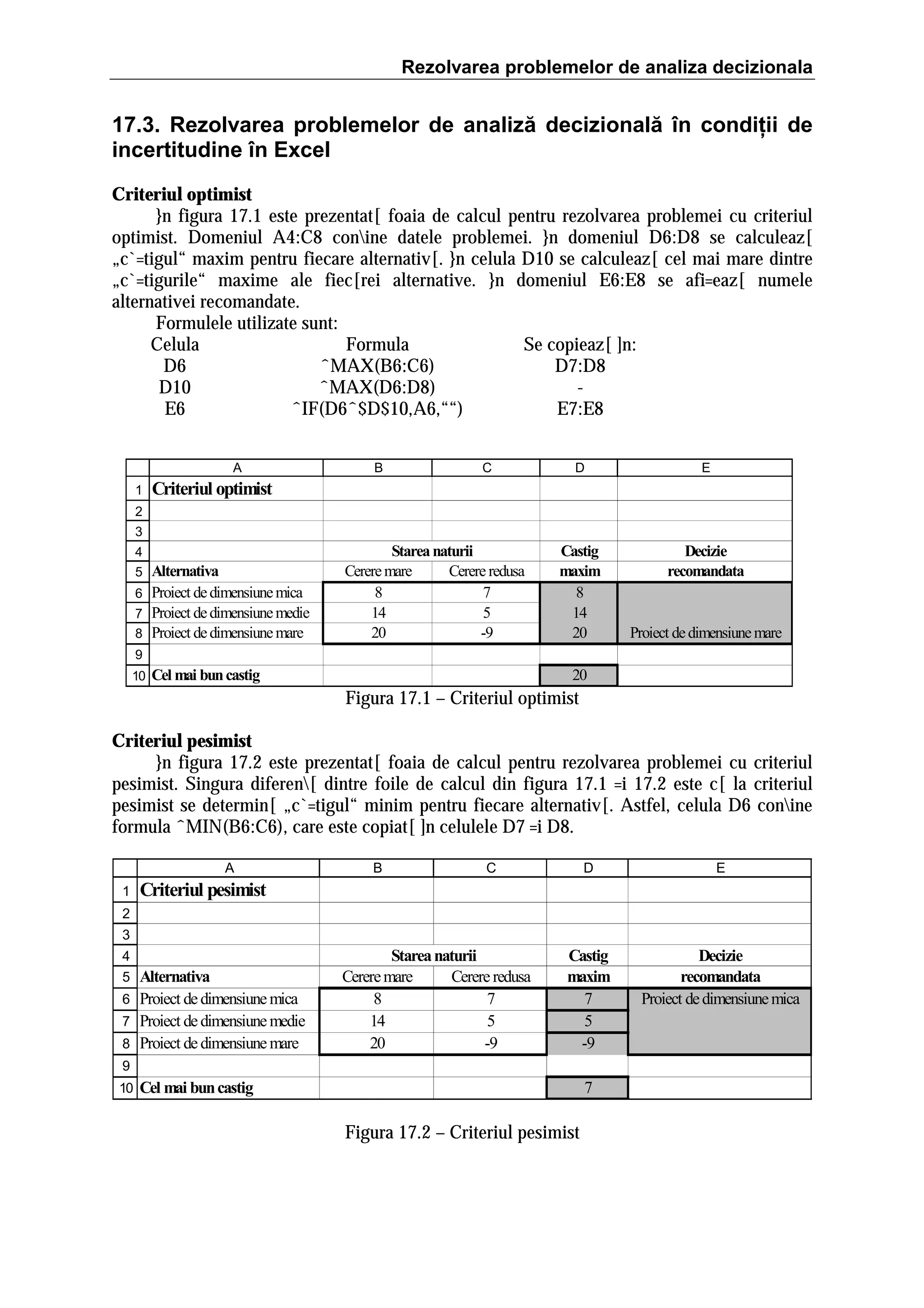 Rezolvarea problemelor de analiza decizionala

17.3. Rezolvarea problemelor de analiză decizională în condiţii de
incertitudine în Excel
Criteriul optimist
}n figura 17.1 este prezentat[ foaia de calcul pentru rezolvarea problemei cu criteriul
optimist. Domeniul A4:C8 conine datele problemei. }n domeniul D6:D8 se calculeaz[
„c`=tigul“ maxim pentru fiecare alternativ[. }n celula D10 se calculeaz[ cel mai mare dintre
„c`=tigurile“ maxime ale fiec[rei alternative. }n domeniul E6:E8 se afi=eaz[ numele
alternativei recomandate.
Formulele utilizate sunt:
Celula
Formula
Se copieaz[ ]n:
D6
ˆMAX(B6:C6)
D7:D8
D10
ˆMAX(D6:D8)
E6
ˆIF(D6ˆ$D$10,A6,““)
E7:E8
A
1

B

C

D

E

Castig
maxim
8
14
20

Decizie
recomandata

Criteriul optimist

2
3
4

Alternativa
6 Proiect de dimensiune mica
7 Proiect de dimensiune medie
8 Proiect de dimensiune mare
5

Starea naturii
Cerere mare
Cerere redusa
8
7
14
5
20
-9

Proiect de dimensiune mare

9
10

20

Cel mai bun castig

Figura 17.1 – Criteriul optimist
Criteriul pesimist
}n figura 17.2 este prezentat[ foaia de calcul pentru rezolvarea problemei cu criteriul
pesimist. Singura diferen[ dintre foile de calcul din figura 17.1 =i 17.2 este c[ la criteriul
pesimist se determin[ „c`=tigul“ minim pentru fiecare alternativ[. Astfel, celula D6 conine
formula ˆMIN(B6:C6), care este copiat[ ]n celulele D7 =i D8.
A
1

B

C

D

E

Castig
maxim
7
5
-9

Decizie
recomandata
Proiect de dimensiune mica

Criteriul pesimist

2
3
4

Alternativa
Proiect de dimensiune mica
7 Proiect de dimensiune medie
8 Proiect de dimensiune mare
5
6

Starea naturii
Cerere mare
Cerere redusa
8
7
14
5
20
-9

9
10

7

Cel mai bun castig

Figura 17.2 – Criteriul pesimist

 