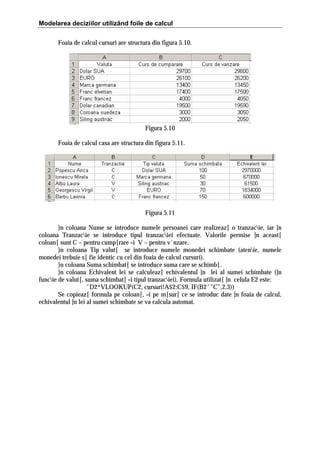 Modelarea deciziilor utilizând foile de calcul
Foaia de calcul cursuri are structura din figura 5.10.

Figura 5.10
Foaia de calcul casa are structura din figura 5.11.

Figura 5.11
}n coloana Nume se introduce numele persoanei care realizeaz[ o tranzacie, iar ]n
coloana Tranzacie se introduce tipul tranzaciei efectuate. Valorile permise ]n aceast[
coloan[ sunt C – pentru cump[rare =i V – pentru v`nzare.
}n coloana Tip valut[ se introduce numele monedei schimbate (atenie, numele
monedei trebuie s[ fie identic cu cel din foaia de calcul cursuri).
}n coloana Suma schimbat[ se introduce suma care se schimb[.
}n coloana Echivalent lei se calculeaz[ echivalentul ]n lei al sumei schimbate (]n
funcie de valut[, suma schimbat[ =i tipul tranzaciei). Formula utilizat[ ]n celula E2 este:
ˆD2*VLOOKUP(C2, cursuri!A$2:C$9, IF(B2ˆ”C”,2,3))
Se copieaz[ formula pe coloan[, =i pe m[sur[ ce se introduc date ]n foaia de calcul,
echivalentul ]n lei al sumei schimbate se va calcula automat.

 