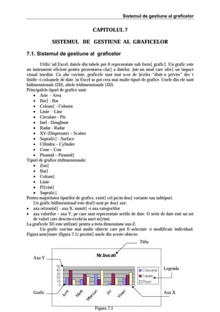 Sistemul de gestiune al graficelor

CAPITOLUL 7
SISTEMUL DE GESTIUNE AL GRAFICELOR
7.1. Sistemul de gestiune al graficelor
Utiliz`nd Excel, datele din tabele pot fi reprezentate sub form[ grafic[. Un grafic este
un instrument eficient pentru prezentarea clar[ a datelor, ]ntr-un mod care ofer[ un impact
vizual imediat. Cu alte cuvinte, graficele sunt mai u=or de ]neles “dintr-o privire” dec`t
liniile =i coloanele de date. }n Excel se pot crea mai multe tipuri de grafice. Unele din ele sunt
bidimensionale (2D), altele tridimensionale (3D).
Principalele tipuri de grafice sunt:
• Arie - Area
• Bar[ - Bar
• Coloan[ - Column
• Linie - Line
• Circulare - Pie
• Inel - Doughnut
• Radar - Radar
• XY (Dispersate) – Scatter
• Suprafa[ - Surface
• Cilindru – Cylinder
• Cone – Con
• Piramid – Piramid[
Tipuri de grafice tridimensionale:
• Zon[
• Bar[
• Coloan[
• Linie
• Pl[cint[
• Suprafa[
Pentru majoritatea tipurilor de grafice, exist[ cel puin dou[ variante sau subtipuri.
Un grafic bidimensional este desf[=urat pe dou[ axe:
• axa orizontal[ - axa X, numit[ =i axa categoriilor
• axa valorilor – axa Y, pe care sunt reprezentate seriile de date. O serie de date este un set
de valori care descriu evoluia unei m[rimi.
La graficele 3D este utilizat[ pentru a treia dimensiune axa Z.
Un grafic conine mai multe obiecte care pot fi selectate =i modificate individual.
Figura urm[toare (figura 7.1) prezint[ unele din aceste obiecte.
Titlu
Axa Y
Legenda

Grafic

Axa X
Figura 7.1

 