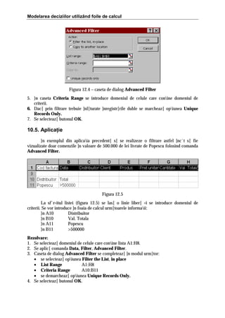 Modelarea deciziilor utilizând foile de calcul

Figura 12.4 – caseta de dialog Advanced Filter
5. }n caseta Criteria Range se introduce domeniul de celule care conine domeniul de
criterii.
6. Dac[ prin filtrare trebuie ]nl[turate ]nregistr[rile duble se marcheaz[ opiunea Unique
Records Only.
7. Se selecteaz[ butonul OK.

10.5. Aplicaţie
}n exemplul din aplicaia precedent[ s[ se realizeze o filtrare astfel ]nc`t s[ fie
vizualizate doar comenzile ]n valoare de 500.000 de lei livrate de Popescu folosind comanda
Advanced Filter.

Figura 12.5
La sf`r=itul listei (figura 12.5) se las[ o linie liber[ =i se introduce domeniul de
criterii. Se vor introduce ]n foaia de calcul urm[toarele informaii:
}n A10
Distribuitor
}n B10
Val. Totala
}n A11
Popescu
}n B11
>500000
Rezolvare:
1. Se selecteaz[ domeniul de celule care conine lista A1:H8.
2. Se aplic[ comanda Data, Filter, Advanced Filter.
3. Caseta de dialog Advanced Filter se completeaz[ ]n modul urm[tor:
• se selecteaz[ opiunea Filter the List, in place
• List Range
A1:H8
• Criteria Range
A10:B11
• se demarcheaz[ opiunea Unique Records Only.
4. Se selecteaz[ butonul OK.

 