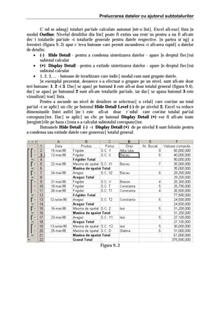 Prelucrarea datelor cu ajutorul subtotalurilor
C`nd se adaug[ totaluri pariale calculate automat ]ntr-o list[, Excel afi=eaz[ lista ]n
modul Outline. Nivelul detaliilor din list[ poate fi extins sau restr`ns pentru a nu fi afi=ate
dec`t totalurile pariale =i totalurile generale pentru datele respective. }n partea st`ng[ a
ferestrei (figura 9..3) apar c`teva butoane care permit ascunderea =i afi=area rapid[ a datelor
de detaliu:
• (-) Hide Detail - pentru a condensa sintetizarea datelor - apare ]n dreptul fiec[rui
subtotal calculat
• (+) Display Detail - pentru a extinde sintetizarea datelor - apare ]n dreptul fiec[rui
subtotal calculat
• 1, 2, 3, ... - butoane de ierarhizare care indic[ modul cum sunt grupate datele.
}n exemplul prezentat, deoarece s-a efectuat o grupare pe un nivel, sunt afi=ate doar
trei butoane: 1, 2 =i 3. Dac[ se apas[ pe butonul 1 este afi=at doar totalul general (figura 9.4),
dac[ se apas[ pe butoanul 2 sunt afi=ate totalurile pariale, iar dac[ se apasa butonul 3 este
vizualizat[ toat[ lista.
Pentru a ascunde un nivel de detaliere se selecteaz[ o celul[ care conine un total
parial =i se aplic[ un clic pe butonul Hide Detail Level (-) de pe nivelul 2. Excel va reduce
dimensiunile listei astfel ]nc`t este afi=at doar r`ndul care conine totalul parial
corespunz[tor. Dac[ se aplic[ un clic pe butonul Display Detail (+) vor fi afi=ate toate
]nregistr[rile pe baza c[rora s-a calculat subtotalul corespunz[tor.
Butoanele Hide Detail (-) =i Display Detail (+) de pe nivelul 1 sunt folosite pentru
a condensa sau extinde datele care genereaz[ totalul general.

Figura 9..3

 