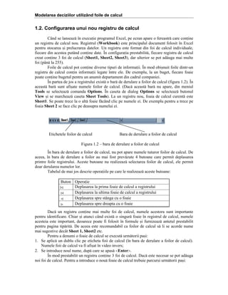 Modelarea deciziilor utilizând foile de calcul

1.2. Configurarea unui nou registru de calcul
C`nd se lanseaz[ ]n execuie programul Excel, pe ecran apare o fereastr[ care conine
un registru de calcul nou. Registrul (Workbook) este principalul document folosit ]n Excel
pentru stocarea =i prelucrarea datelor. Un registru este format din foi de calcul individuale,
fiecare din acestea put`nd conine date. }n configuraia prestabilit[, fiecare registru de calcul
creat conine 3 foi de calcul (Sheet1, Sheet2, Sheet3), dar ulterior se pot ad[uga mai multe
foi (p`n[ la 255).
Foile de calcul pot conine diverse tipuri de informaii. }n mod obi=nuit foile dintr-un
registru de calcul conin informaii legate ]ntre ele. De exemplu, la un buget, fiecare foaie
poate conine bugetul pentru un anumit departament din cadrul companiei.
}n partea de jos a registrului exist[ o bar[ de derulare a foilor de calcul (figura 1.2). }n
aceast[ bar[ sunt afi=ate numele foilor de calcul. (Dac[ aceast[ bar[ nu apare, din meniul
Tools se selecteaz[ comanda Options. }n caseta de dialog Options se selecteaz[ butonul
View =i se marcheaz[ caseta Sheet Tools). La un registru nou, foaia de calcul curent[ este
Sheet1. Se poate trece la o alt[ foaie f[c`nd clic pe numele ei. De exemplu pentru a trece pe
foaia Sheet 2 se face clic pe deasupra numelui ei.

Etichetele foilor de calcul

Bara de derulare a foilor de calcul

Figura 1.2 – bara de derulare a foilor de calcul
}n bara de derulare a foilor de calcul, nu pot apare numele tuturor foilor de calcul. De
aceea, ]n bara de derulare a foilor au mai fost prev[zute 4 butoane care permit deplasarea
printre foile registrului. Aceste butoane nu realizeaz[ selectarea foilor de calcul, ele permit
doar derularea numelor lor.
Tabelul de mai jos descrie operaiile pe care le realizeaz[ aceste butoane:
Buton
<
>
<
>

Operaie
Deplasarea la prima foaie de calcul a registrului
Deplasarea la ultima foaie de calcul a registrului
Deplasarea spre st`nga cu o foaie
Deplasarea spre dreapta cu o foaie

Dac[ un registru conine mai multe foi de calcul, numele acestora sunt importante
pentru identificare. Chiar =i atunci c`nd exist[ o singur[ foaie ]n registrul de calcul, numele
acesteia este important, deoarece poate fi folosit ]n formule =i furnizeaz[ antetul prestabilit
pentru pagina tip[rit[. De aceea este recomandabil ca foilor de calcul s[ li se acorde nume
mai sugestive dec`t Sheet 1, Sheet2 etc.
Pentru a denumi o foaie de calcul se execut[ urm[torii pa=i:
1. Se aplic[ un dublu clic pe eticheta foii de calcul (]n bara de derulare a foilor de calcul).
Numele foii de calcul va fi afi=at ]n video invers;
2. Se introduce noul nume, dup[ care se apas[ <Enter>.
}n mod prestabilit un registru conine 3 foi de calcul. Dac[ este necesar se pot ad[uga
noi foi de calcul. Pentru a introduce o nou[ foaie de calcul trebuie parcur=i urm[torii pa=i:

 