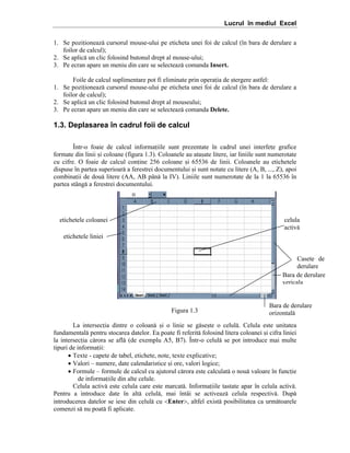 Lucrul în mediul Excel
1. Se poziioneaz[ cursorul mouse-ului pe eticheta unei foi de calcul (]n bara de derulare a
foilor de calcul);
2. Se aplic[ un clic folosind butonul drept al mouse-ului;
3. Pe ecran apare un meniu din care se selecteaz[ comanda Insert.
Foile de calcul suplimentare pot fi eliminate prin operaia de =tergere astfel:
1. Se poziioneaz[ cursorul mouse-ului pe eticheta unei foi de calcul (]n bara de derulare a
foilor de calcul);
2. Se aplic[ un clic folosind butonul drept al mouseului;
3. Pe ecran apare un meniu din care se selecteaz[ comanda Delete.

1.3. Deplasarea în cadrul foii de calcul
}ntr-o foaie de calcul informaiile sunt prezentate ]n cadrul unei interfee grafice
formate din linii =i coloane (figura 1.3). Coloanele au ata=ate litere, iar liniile sunt numerotate
cu cifre. O foaie de calcul conine 256 coloane =i 65536 de linii. Coloanele au etichetele
dispuse ]n partea superioar[ a ferestrei documentului =i sunt notate cu litere (A, B, ..., Z), apoi
combinaii de dou[ litere (AA, AB p`n[ la IV). Liniile sunt numerotate de la 1 la 65536 ]n
partea st`ng[ a ferestrei documentului.

etichetele coloanei

celula
activ[

etichetele liniei
Casete de
derulare
Bara de derulare
vericala

Figura 1.3

Bara de derulare
orizontal[

La intersecia dintre o coloan[ =i o linie se g[se=te o celul[. Celula este unitatea
fundamental[ pentru stocarea datelor. Ea poate fi referit[ folosind litera coloanei =i cifra liniei
la intersecia c[rora se afl[ (de exemplu A5, B7). }ntr-o celul[ se pot introduce mai multe
tipuri de informaii:
• Texte - capete de tabel, etichete, note, texte explicative;
• Valori – numere, date calendaristice =i ore, valori logice;
• Formule – formule de calcul cu ajutorul c[rora este calculat[ o nou[ valoare ]n funcie
de informaiile din alte celule.
Celula activ[ este celula care este marcat[. Informaiile tastate apar ]n celula activ[.
Pentru a introduce date ]n alt[ celul[, mai ]nt`i se activeaz[ celula respectiv[. Dup[
introducerea datelor se iese din celul[ cu <Enter>, altfel exist[ posibilitatea ca urm[toarele
comenzi s[ nu poat[ fi aplicate.

 