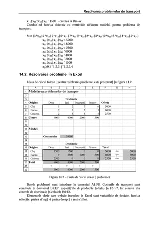Rezolvarea problemelor de transport
x14‡x24‡x34‡x44 ˆ1500 - cererea la Bra=ov
Combin`nd funcia obiectiv cu restriciile obinem modelul pentru problema de
transport:
Min (3*x11‡2*x12‡7*x13‡6*x14‡7*x21‡5*x22‡2*x23‡3*x24‡2*x31‡5*x32‡4*x33‡5*x34)
x11‡x12‡x13‡x14 ≤ 5000
x21‡x22‡x23‡x24 ≤ 6000
x31‡x32‡x33‡x34 ≤ 2500
x11‡x21‡x31‡x41 ˆ6000
x12‡x22‡x32‡x42 ˆ4000
x13‡x23‡x33‡x43 ˆ2000
x14‡x24‡x34‡x44 ˆ1500
xij≥0, iˆ1,2,3; jˆ1,2,3,4

14.2. Rezolvarea problemei în Excel
Foaia de calcul folosit[ pentru rezolvarea problemei este prezentat[ ]n figura 14.2.
A
1

B

C

D

E

F

G

H

Modelarea problemelor de transport

2
3
4
5
6
7
8

Origine
Cluj
Bacau
Craiova
Cerere

Deva
3
7
2
6000

Destinatie
Iasi
Bucuresti
2
7
5
2
5
4
4000
2000

Oferta
6
5000
3
6000
5
2500
1500

Brasov

9
10
11

Model

12

Cost minim

13

39500

14
15
16
17
18
19
20
21
22

Origine
Cluj
Bacau
Craiova
Total

Deva
3500
0
2500
6000
=
6000

Destinatie
Iasi
Bucuresti
1500
0
2500
2000
0
0
4000
2000
=
=
4000
2000

Brasov
0
1500
0
1500
=
1500

Total
5000
6000
2500

<=
<=
<=

5000
6000
2500

Figura 14.2 – Foaia de calcul ata=at[ problemei
Datele problemei sunt introduse ]n domeniul A1:F8. Costurile de transport sunt
coninute ]n domaniul B5:E7, capacit[ile de producie (oferta) ]n F5:F7, iar cererea din
centrele de distribuie ]n celulele B8:E8.
Elementele cheie care trebuie introduse ]n Excel sunt variabilele de decizie, funcia
obiectiv, partea st`ng[ =i partea dreapt[ a restriciilor.

 