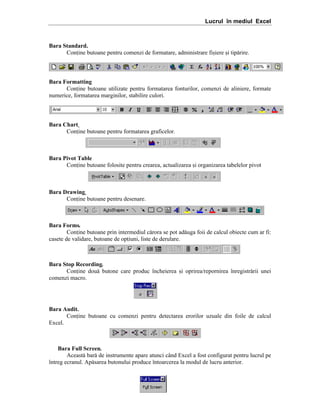 Lucrul în mediul Excel

Bara Standard.
Conine butoane pentru comenzi de formatare, administrare fi=iere =i tip[rire.

Bara Formatting
Conine butoane utilizate pentru formatarea fonturilor, comenzi de aliniere, formate
numerice, formatarea marginilor, stabilire culori.

Bara Chart.
Conine butoane pentru formatarea graficelor.

Bara Pivot Table
Conine butoane folosite pentru crearea, actualizarea =i organizarea tabelelor pivot

Bara Drawing.
Conine butoane pentru desenare.

Bara Forms.
Conine butoane prin intermediul c[rora se pot ad[uga foii de calcul obiecte cum ar fi:
casete de validare, butoane de opiuni, liste de derulare.

Bara Stop Recording.
Conine dou[ butone care produc ]ncheierea =i oprirea/repornirea ]nregistr[rii unei
comenzi macro.

Bara Audit.
Conine butoane cu comenzi pentru detectarea erorilor uzuale din foile de calcul
Excel.

Bara Full Screen.
Aceast[ bar[ de instrumente apare atunci c`nd Excel a fost configurat pentru lucrul pe
]ntreg ecranul. Ap[sarea butonului produce ]ntoarcerea la modul de lucru anterior.

 