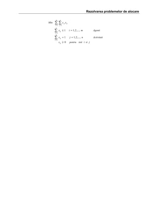 Rezolvarea problemelor de alocare
m

Min

n

∑∑c
i =1 j =1
n

ij

x ij

∑

x ij ≤ 1

i = 1, 2 ,..., m

Agenti

∑

x ij = 1

j = 1, 2 ,..., n

Activitati

x ij ≥ 0

pentru toti i si j

j =1
m

i =1

 