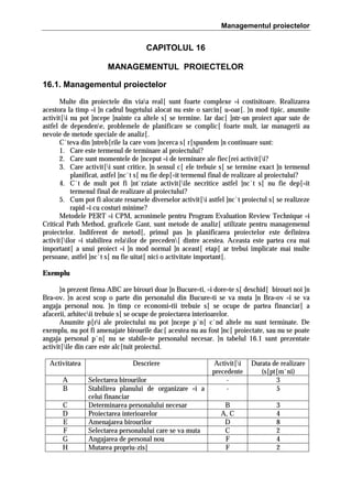 Managementul proiectelor

CAPITOLUL 16
MANAGEMENTUL PROIECTELOR
16.1. Managementul proiectelor
Multe din proiectele din viaa real[ sunt foarte complexe =i costisitoare. Realizarea
acestora la timp =i ]n cadrul bugetului alocat nu este o sarcin[ u=oar[. }n mod tipic, anumite
activit[i nu pot ]ncepe ]nainte ca altele s[ se termine. Iar dac[ ]ntr-un proiect apar sute de
astfel de dependene, problemele de planificare se complic[ foarte mult, iar managerii au
nevoie de metode speciale de analiz[.
C`teva din ]ntreb[rile la care vom ]ncerca s[ r[spundem ]n continuare sunt:
1. Care este termenul de terminare al proiectului?
2. Care sunt momentele de ]nceput =i de terminare ale fiec[rei activit[i?
3. Care activit[i sunt critice, ]n sensul c[ ele trebuie s[ se termine exact ]n termenul
planificat, astfel ]nc`t s[ nu fie dep[=it termenul final de realizare al proiectului?
4. C`t de mult pot fi ]nt`rziate activit[ile necritice astfel ]nc`t s[ nu fie dep[=it
termenul final de realizare al proiectului?
5. Cum pot fi alocate resursele diverselor activit[i astfel ]nc`t proiectul s[ se realizeze
rapid =i cu costuri minime?
Metodele PERT =i CPM, acronimele pentru Program Evaluation Review Technique =i
Critical Path Method, graficele Gant, sunt metode de analiz[ utilizate pentru managemenul
proiectelor. Indiferent de metod[, primul pas ]n planificarea proiectelor este definirea
activit[ilor =i stabilirea relailor de preceden[ dintre acestea. Aceasta este partea cea mai
important[ a unui proiect =i ]n mod normal ]n aceast[ etap[ ar trebui implicate mai multe
persoane, astfel ]nc`t s[ nu fie uitat[ nici o activitate important[.
Exemplu
}n prezent firma ABC are birouri doar ]n Bucure=ti, =i dore=te s[ deschid[ birouri noi ]n
Bra=ov. }n acest scop o parte din personalul din Bucure=ti se va muta ]n Bra=ov =i se va
angaja personal nou. }n timp ce economi=tii trebuie s[ se ocupe de partea financiar[ a
afacerii, arhitecii trebuie s[ se ocupe de proiectarea interioarelor.
Anumite p[ri ale proiectului nu pot ]ncepe p`n[ c`nd altele nu sunt terminate. De
exemplu, nu pot fi amenajate birourile dac[ acestea nu au fost ]nc[ proiectate, sau nu se poate
angaja personal p`n[ nu se stabile=te personalul necesar. }n tabelul 16.1 sunt prezentate
activit[ile din care este alc[tuit proiectul.
Activitatea

Descriere

A
B

Selectarea birourilor
Stabilirea planului de organizare =i a
celui financiar
Determinarea personalului necesar
Proiectarea interioarelor
Amenajarea birourilor
Selectarea personalului care se va muta
Angajarea de personal nou
Mutarea propriu-zis[

C
D
E
F
G
H

Activit[i
precedente
-

Durata de realizare
(s[pt[m`ni)
3
5

B
A, C
D
C
F
F

3
4
8
2
4
2

 