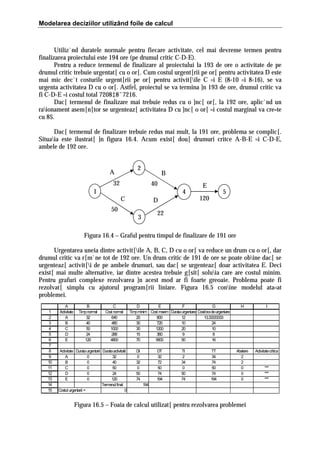Modelarea deciziilor utilizând foile de calcul

Utiliz`nd duratele normale pentru fiecare activitate, cel mai devreme termen pentru
finalizarea proiectului este 194 ore (pe drumul critic C-D-E).
Pentru a reduce termenul de finalizare al proiectului la 193 de ore o activitate de pe
drumul critic trebuie urgentat[ cu o or[. Cum costul urgent[rii pe or[ pentru activitatea D este
mai mic dec`t costurile urgent[rii pe or[ pentru activit[ile C =i E (8‹10 =i 8‹16), se va
urgenta activitatea D cu o or[. Astfel, proiectul se va termina ]n 193 de ore, drumul critic va
fi C-D-E =i costul total 7208‡8ˆ7216.
Dac[ termenul de finalizare mai trebuie redus cu o ]nc[ or[, la 192 ore, aplic`nd un
raionament asem[n[tor se urgenteaz[ activitatea D cu ]nc[ o or[ =i costul marginal va cre=te
cu 8$.
Dac[ termenul de finalizare trebuie redus mai mult, la 191 ore, problema se complic[.
Situaia este ilustrat[ ]n figura 16.4. Acum exist[ dou[ drumuri critce A-B-E =i C-D-E,
ambele de 192 ore.
2

A

B

32

40

1

4
C

D

50

E

5

120

22

3

Figura 16.4 – Graful pentru timpul de finalizare de 191 ore
Urgentarea uneia dintre activit[ile A, B, C, D cu o or[ va reduce un drum cu o or[, dar
drumul critic va r[m`ne tot de 192 ore. Un drum critic de 191 de ore se poate obine dac[ se
urgenteaz[ activit[i de pe ambele drumuri, sau dac[ se urgenteaz[ doar activitatea E. Deci
exist[ mai multe alternative, iar dintre acestea trebuie g[sit[ soluia care are costul minim.
Pentru grafuri complexe rezolvarea ]n acest mod ar fi foarte greoaie. Problema poate fi
rezolvat[ simplu cu ajutorul program[rii liniare. Figura 16.5 conine modelul ata=at
problemei.
1
2
3
4
5
6
7
8
9
10
11
12
13
14
15

A
Activitate
A
B
C
D
E

B
Timp normal
32
40
50
24
120

C
Cost normal
640
480
1000
288
4800

Activitate Durata urgentarii Durata activitatii
A
0
32
B
0
40
C
0
50
D
0
24
E
0
120
Termenul final:
Costul urgentarii =
0

D
E
F
G
Timp minim Cost maxim Durata urgentare Cost/ora de urgentare
20
800
12
13.33333333
30
720
10
24
30
1200
20
10
15
360
9
8
70
5600
50
16
DI
0
32
0
50
74

DT
32
72
50
74
194

TI
2
34
0
50
74

TT
34
74
50
74
194

H

I

Abatere
2
2
0
0
0

Activitate critica

194

Figura 16.5 – Foaia de calcul utilizat[ pentru rezolvarea problemei

***
***
***

 