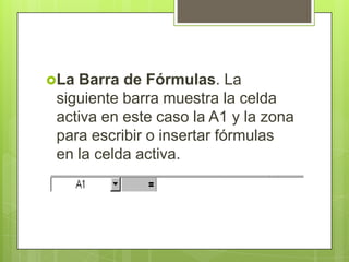 La Barra de Fórmulas. La
 siguiente barra muestra la celda
 activa en este caso la A1 y la zona
 para escribir o insertar fórmulas
 en la celda activa.
 
