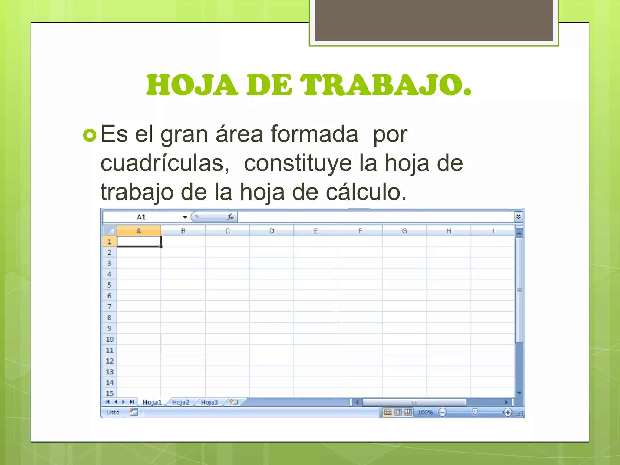 HOJA DE TRABAJO.
 Esel gran área formada por
 cuadrículas, constituye la hoja de
 trabajo de la hoja de cálculo.
 