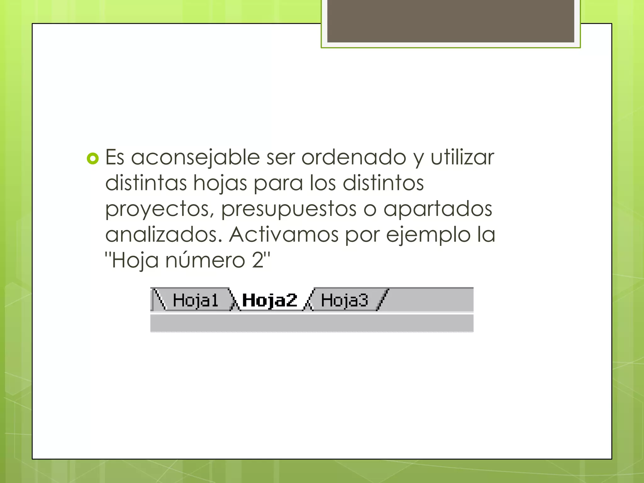  Esaconsejable ser ordenado y utilizar
 distintas hojas para los distintos
 proyectos, presupuestos o apartados
 analizados. Activamos por ejemplo la
 "Hoja número 2"
 