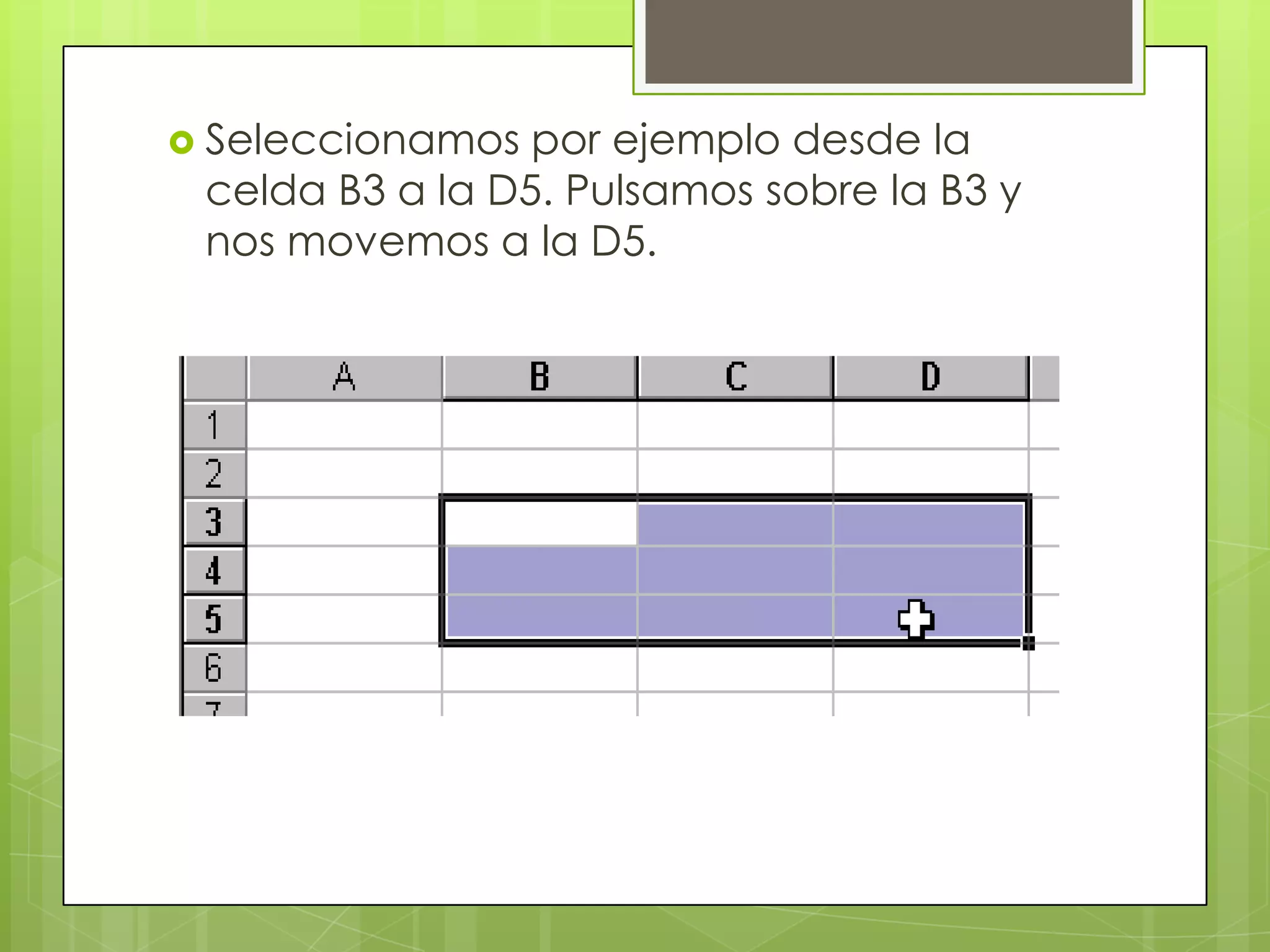  Seleccionamos  por ejemplo desde la
 celda B3 a la D5. Pulsamos sobre la B3 y
 nos movemos a la D5.
 