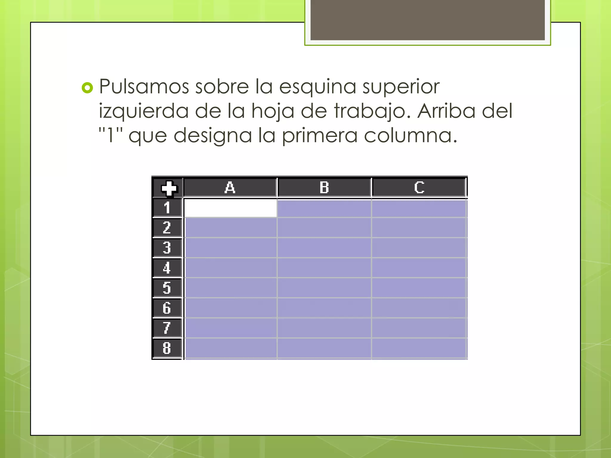  Pulsamos sobre la esquina superior
 izquierda de la hoja de trabajo. Arriba del
 "1" que designa la primera columna.
 