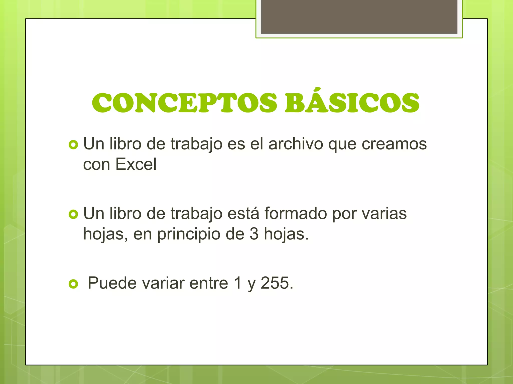 CONCEPTOS BÁSICOS
 Un   libro de trabajo es el archivo que creamos
    con Excel

 Un   libro de trabajo está formado por varias
    hojas, en principio de 3 hojas.

   Puede variar entre 1 y 255.
 