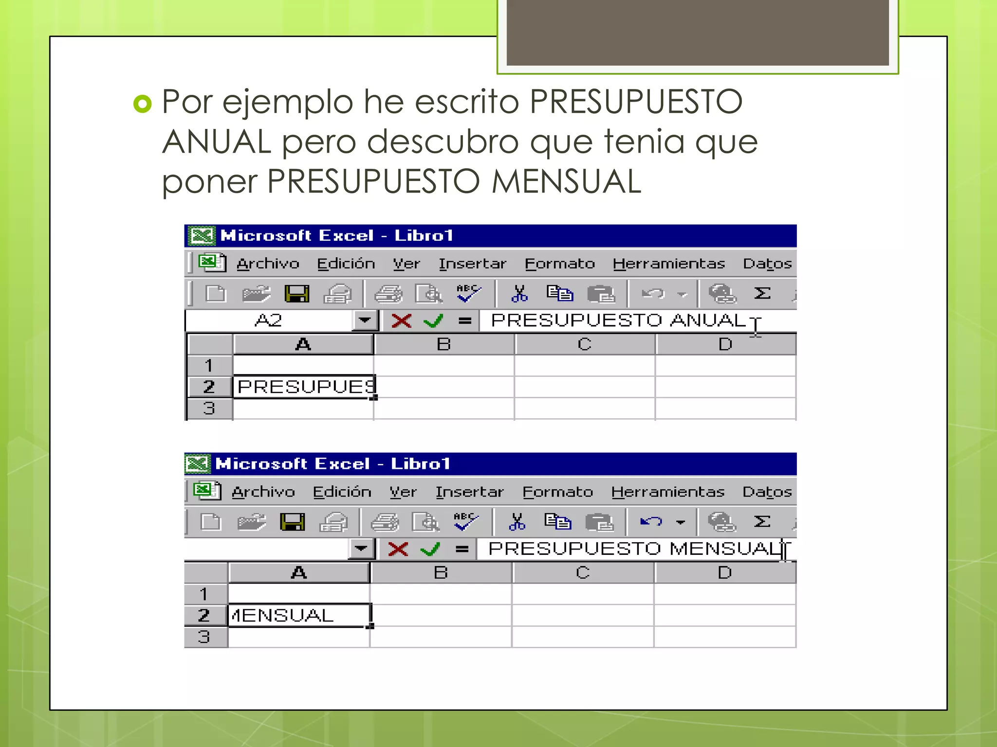 Por
    ejemplo he escrito PRESUPUESTO
 ANUAL pero descubro que tenia que
 poner PRESUPUESTO MENSUAL
 