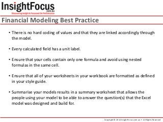 Financial Modeling Best Practice
• There is no hard coding of values and that they are linked accordingly through
the mode...