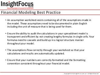 Financial Modeling Best Practice
• An assumption worksheet exists containing all of the assumptions made in
the model. The...