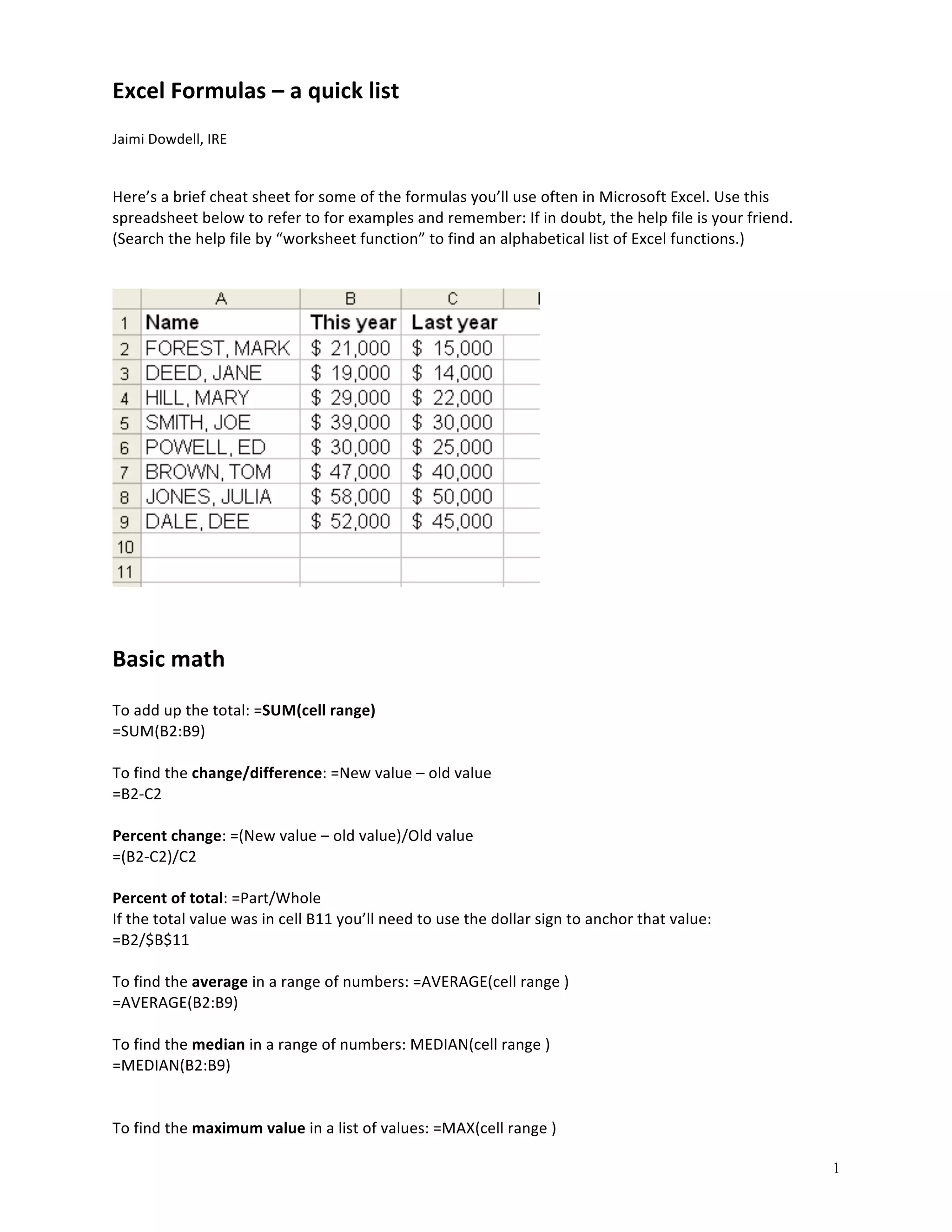 Excel formulas-a-quick-list | PDF