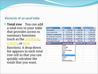 Elements of an excel table
 Total row You can add
a total row to your table
that provides access to
summary functions
(such as the AVERAGE,
COUNT, or SUM
function). A drop-down
list appears in each total
row cell so that you can
quickly calculate the
totals that you want.
 