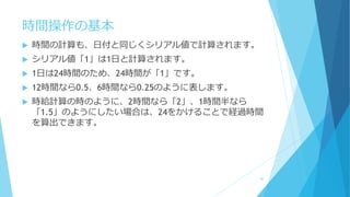 時間操作の基本
 時間の計算も、日付と同じくシリアル値で計算されます。
 シリアル値「1」は1日と計算されます。
 1日は24時間のため、24時間が「1」です。
 12時間なら0.5、6時間なら0.25のように表します。
 時給計算の時のように、2時間なら「2」、1時間半なら
「1.5」のようにしたい場合は、24をかけることで経過時間
を算出できます。
50
 