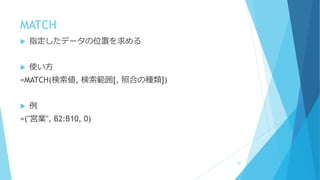 MATCH
 指定したデータの位置を求める
 使い方
=MATCH(検索値, 検索範囲[, 照合の種類])
 例
=("営業", B2:B10, 0)
87
 
