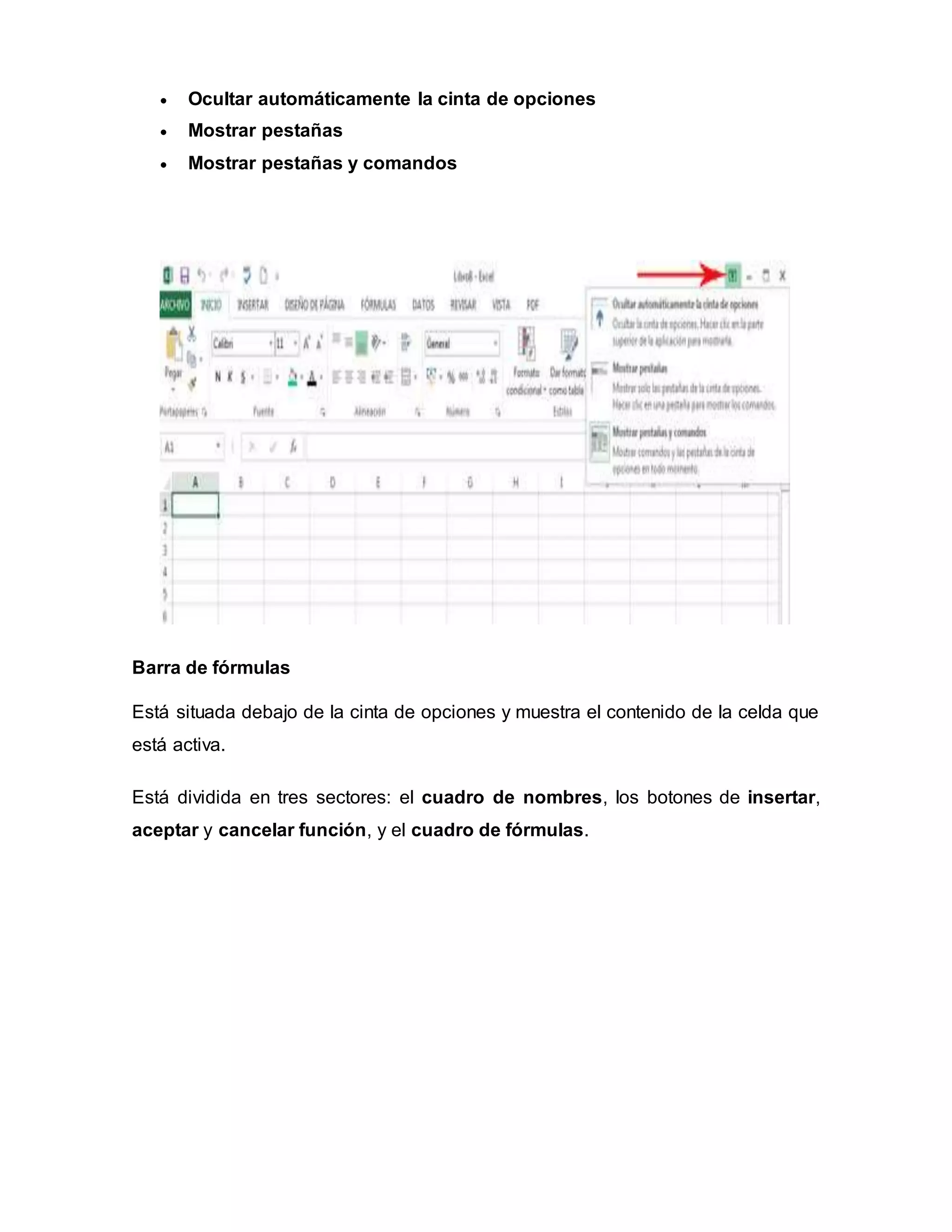  Ocultar automáticamente la cinta de opciones
 Mostrar pestañas
 Mostrar pestañas y comandos
Barra de fórmulas
Está situada debajo de la cinta de opciones y muestra el contenido de la celda que
está activa.
Está dividida en tres sectores: el cuadro de nombres, los botones de insertar,
aceptar y cancelar función, y el cuadro de fórmulas.
 