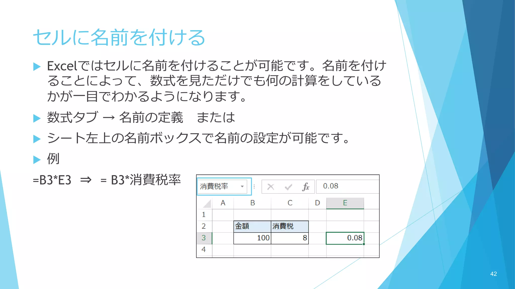  Excelではセルに名前を付けることが可能です。名前を付け
ることによって、数式を見ただけでも何の計算をしている
かが一目でわかるようになります。
 数式タブ → 名前の定義 または
 シート左上の名前ボックスで名前の設定が可能です。
 例
=B3*E3 ⇒ = B3*消費税率
セルに名前を付ける
42
 