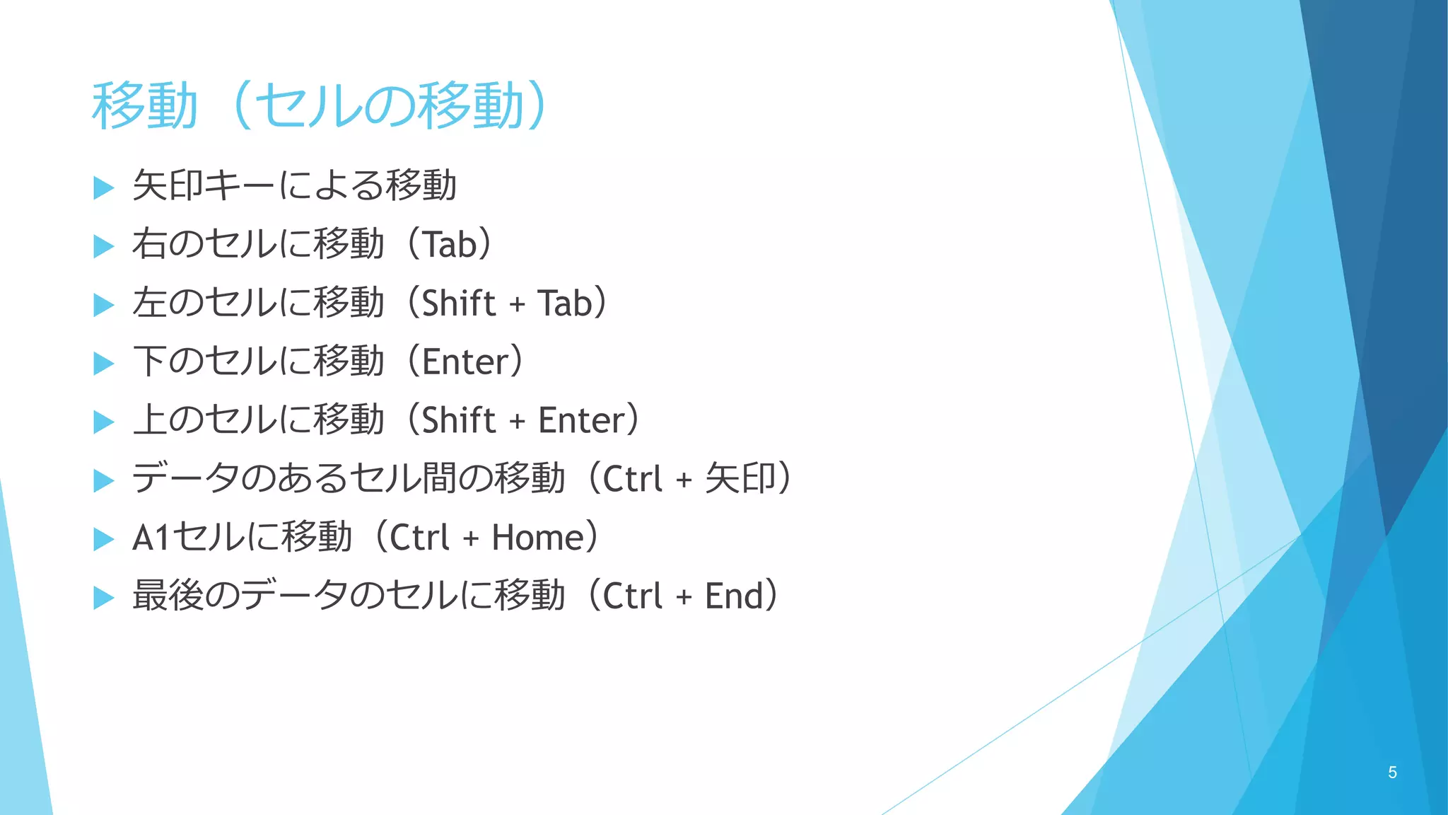移動（セルの移動）
 矢印キーによる移動
 右のセルに移動（Tab）
 左のセルに移動（Shift + Tab）
 下のセルに移動（Enter）
 上のセルに移動（Shift + Enter）
 データのあるセル間の移動（Ctrl + 矢印）
 A1セルに移動（Ctrl + Home）
 最後のデータのセルに移動（Ctrl + End）
5
 