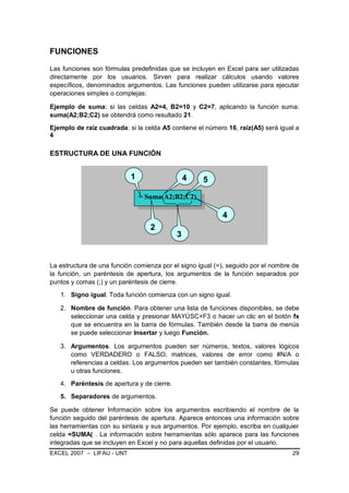 FUNCIONES

Las funciones son fórmulas predefinidas que se incluyen en Excel para ser utilizadas
directamente por los usuarios. Sirven para realizar cálculos usando valores
específicos, denominados argumentos. Las funciones pueden utilizarse para ejecutar
operaciones simples o complejas:

Ejemplo de suma: si las celdas A2=4, B2=10 y C2=7, aplicando la función suma:
suma(A2;B2;C2) se obtendrá como resultado 21.
Ejemplo de raíz cuadrada: si la celda A5 contiene el número 16, raíz(A5) será igual a
4

ESTRUCTURA DE UNA FUNCIÓN


                           1                    4   5

                               = Suma(A2;B2;C2)

                                                           4
                                  2
                                            3


La estructura de una función comienza por el signo igual (=), seguido por el nombre de
la función, un paréntesis de apertura, los argumentos de la función separados por
puntos y comas (;) y un paréntesis de cierre.
   1. Signo igual. Toda función comienza con un signo igual.

   2. Nombre de función. Para obtener una lista de funciones disponibles, se debe
      seleccionar una celda y presionar MAYÚSC+F3 o hacer un clic en el botón fx
      que se encuentra en la barra de fórmulas. También desde la barra de menús
      se puede seleccionar Insertar y luego Función.

   3. Argumentos. Los argumentos pueden ser números, textos, valores lógicos
      como VERDADERO o FALSO, matrices, valores de error como #N/A o
      referencias a celdas. Los argumentos pueden ser también constantes, fórmulas
      u otras funciones.
   4. Paréntesis de apertura y de cierre.
   5. Separadores de argumentos.

Se puede obtener Información sobre los argumentos escribiendo el nombre de la
función seguido del paréntesis de apertura. Aparece entonces una información sobre
las herramientas con su sintaxis y sus argumentos. Por ejemplo, escriba en cualquier
celda =SUMA( . La información sobre herramientas sólo aparece para las funciones
integradas que se incluyen en Excel y no para aquellas definidas por el usuario.
EXCEL 2007 – LIFAU - UNT                                                           29
 